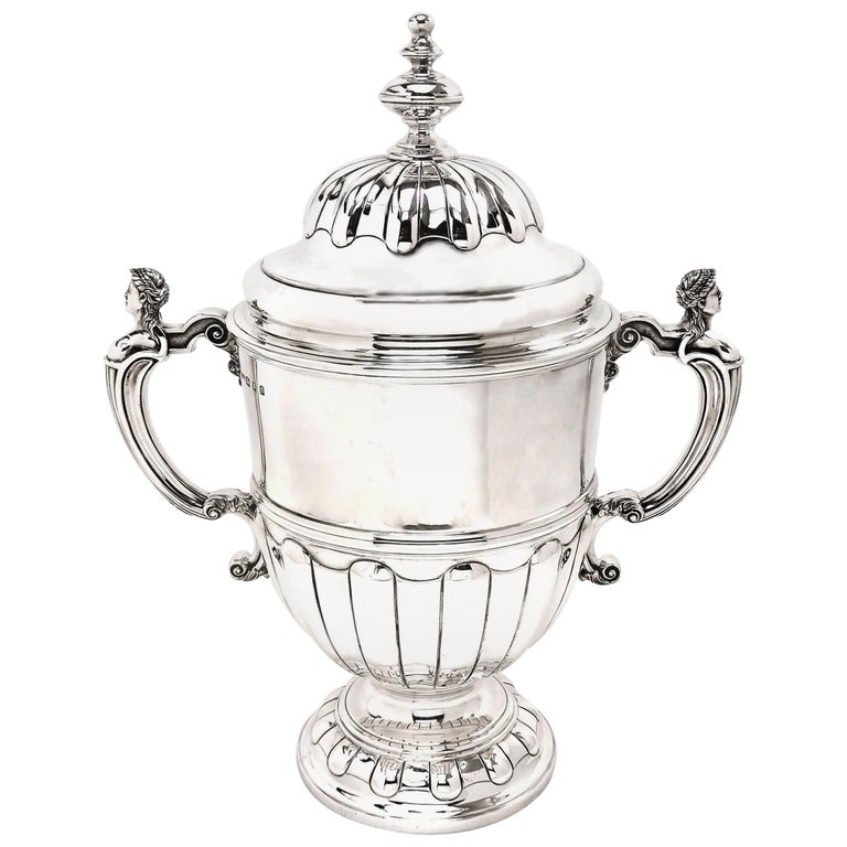 Large Sterling Silver Trophy Lidded Cup and Cover 1930 Champagne Cooler For Sale