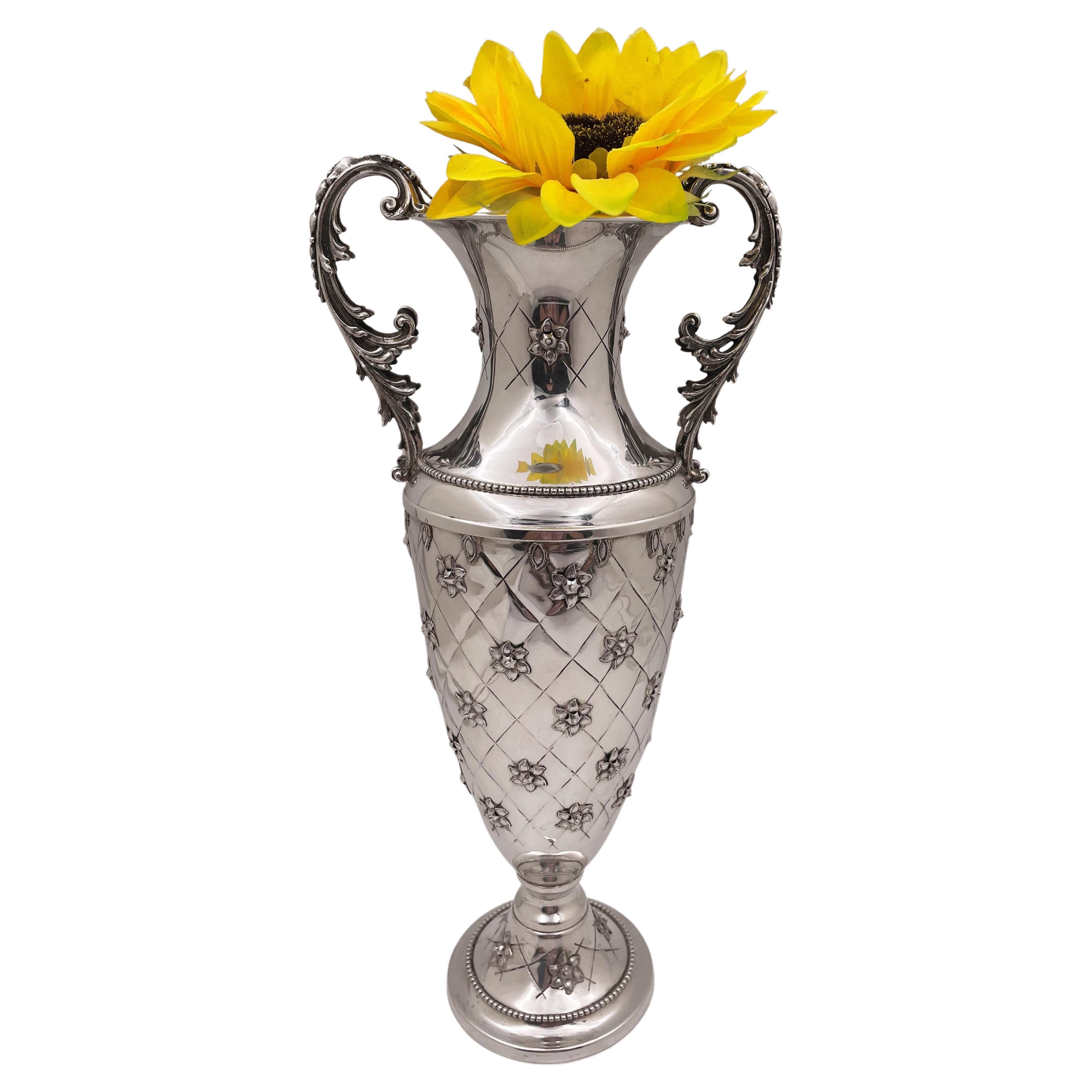 Large Sterling Silver Two-Handled Vase in Buccellati Style For Sale