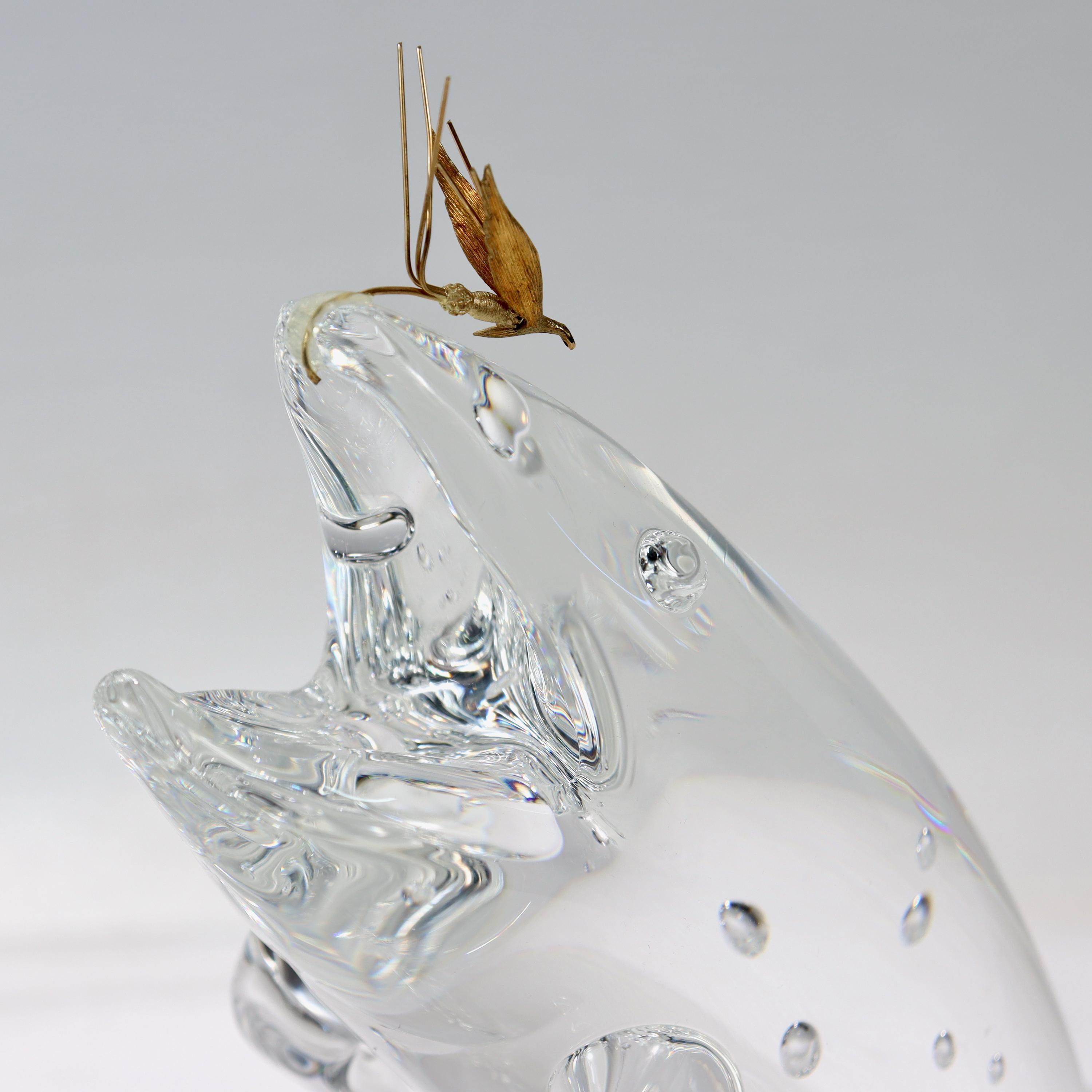 Large Steuben Art Glass Figurine of a Trout & 18k Gold Fly by James Houston For Sale 1