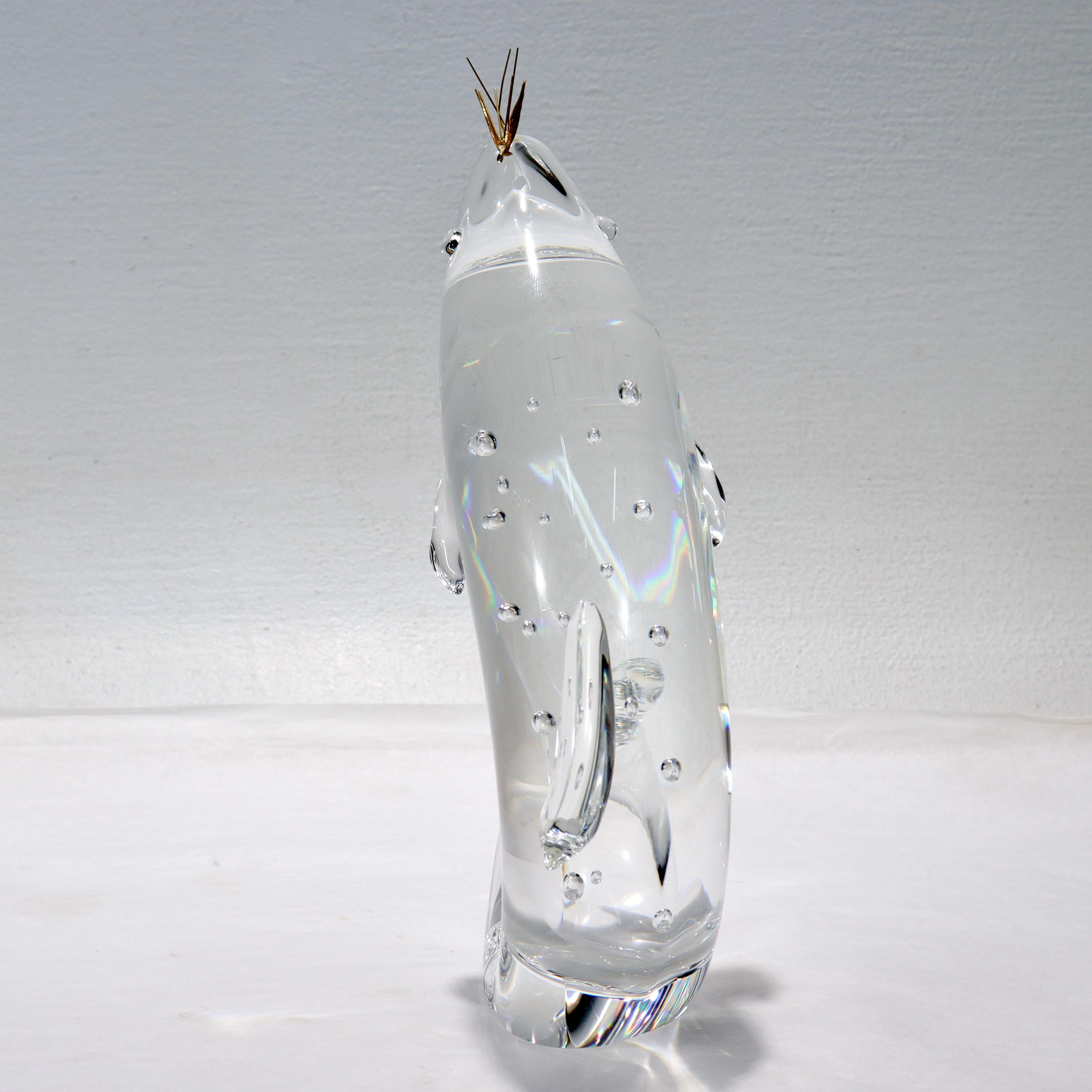 Modern Large Steuben Art Glass Figurine of a Trout & 18k Gold Fly by James Houston For Sale