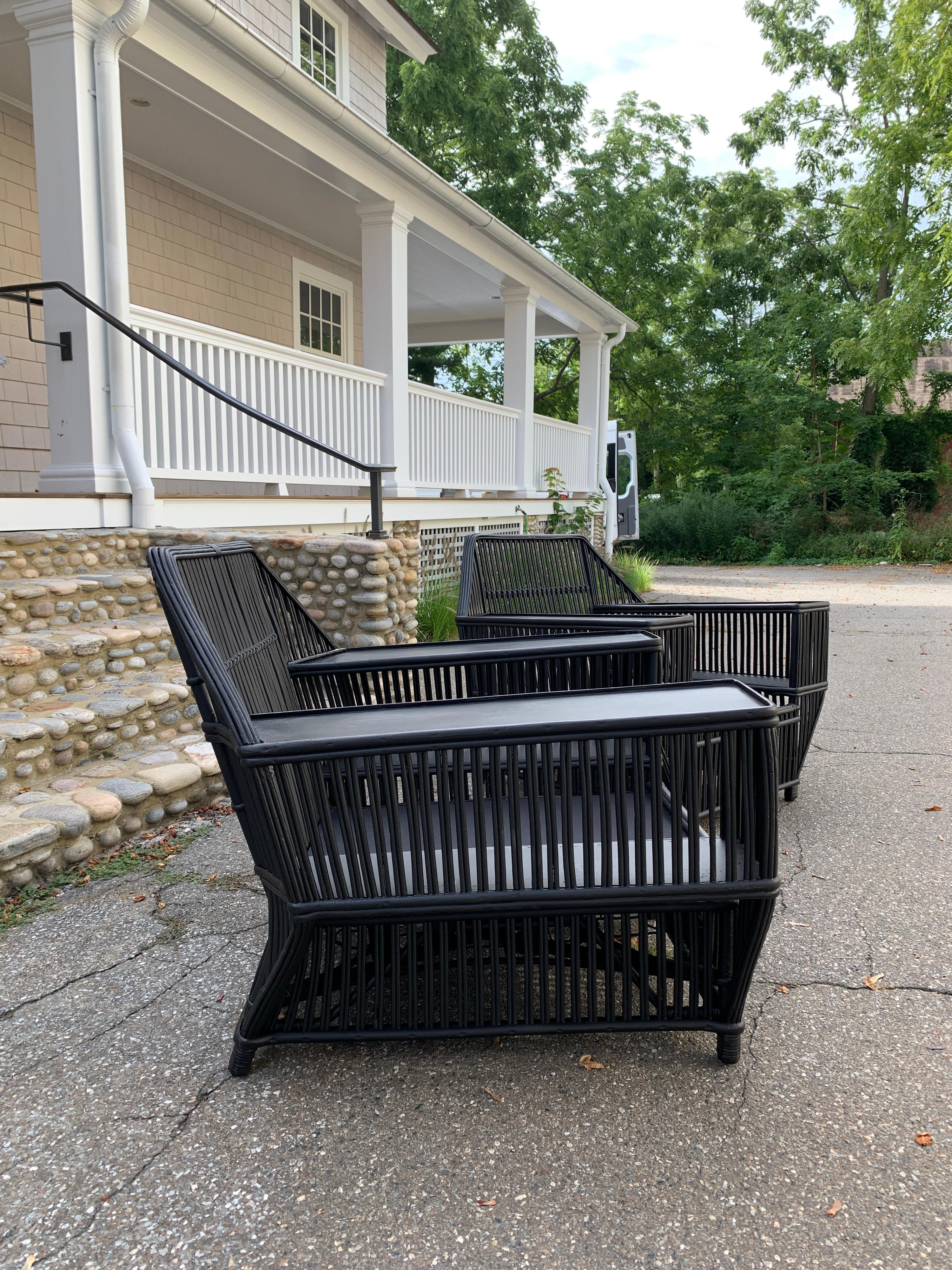 Hand-Woven Large Stick Rattan Arm Chairs