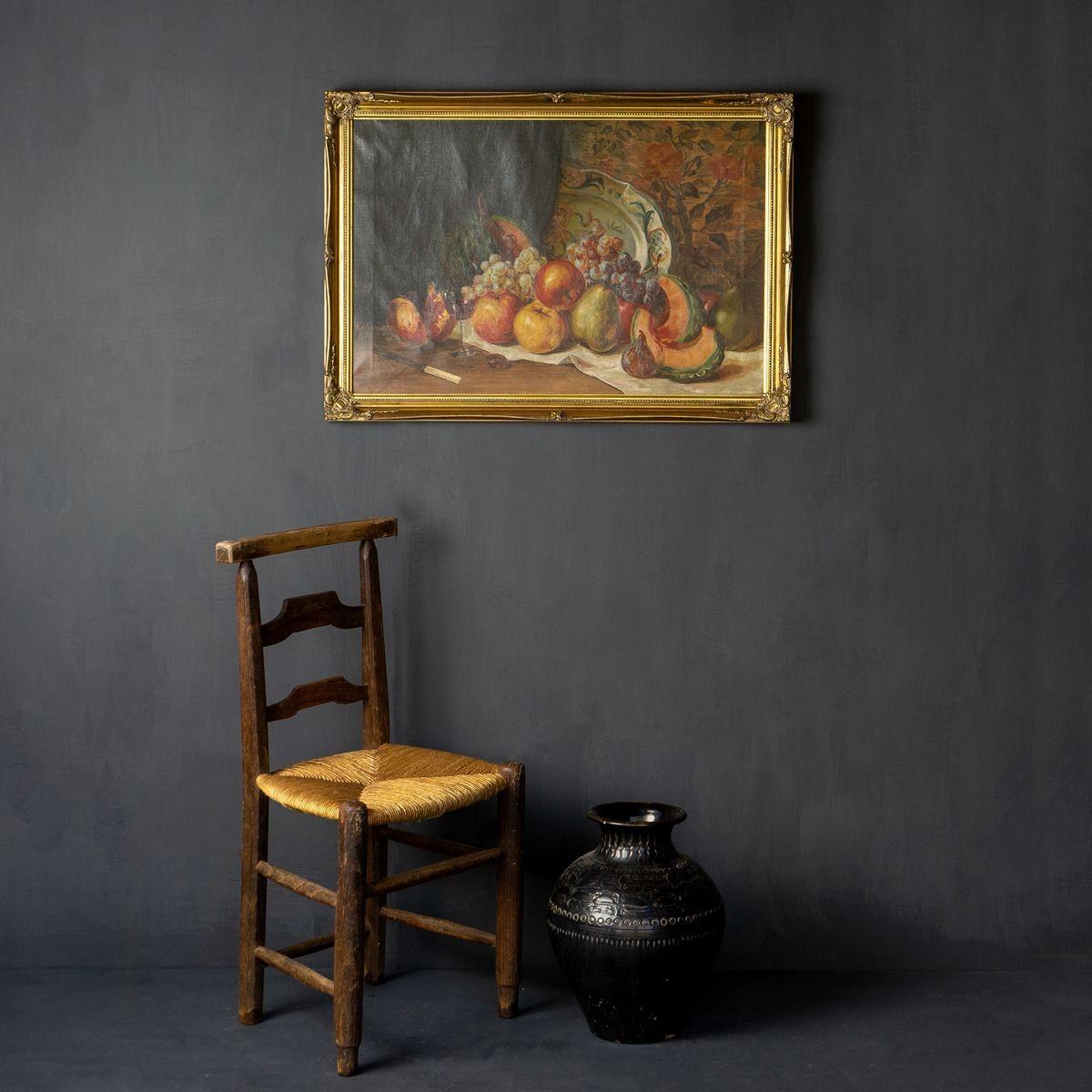 Hand-Painted Large Antique Still Life Depicting Fruit and Dinnerware, 19th Century Original