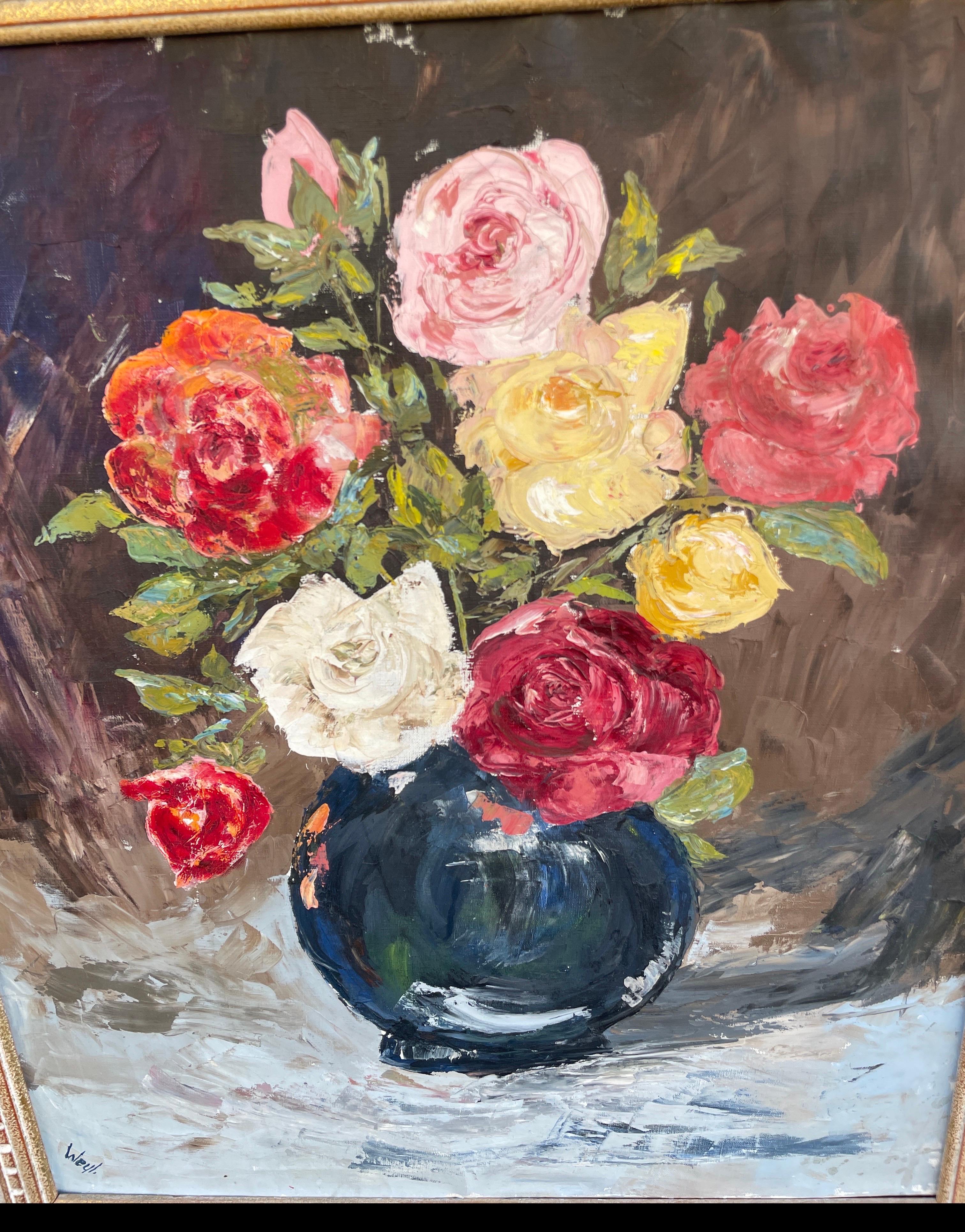 Natura morta vintage dipinta a olio con rose multicolori in un vaso. Firmato dall'artista in basso a sinistra.