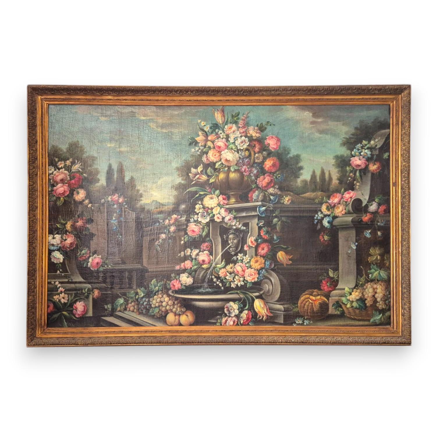 Questo monumentale dipinto architettonico raffigura una fontana in pietra sormontata da una grande vasca in bronzo, dalla quale si dispiega un'imponente composizione floreale. Il terreno è cosparso di uva, pesche e una zucca, che simboleggiano
