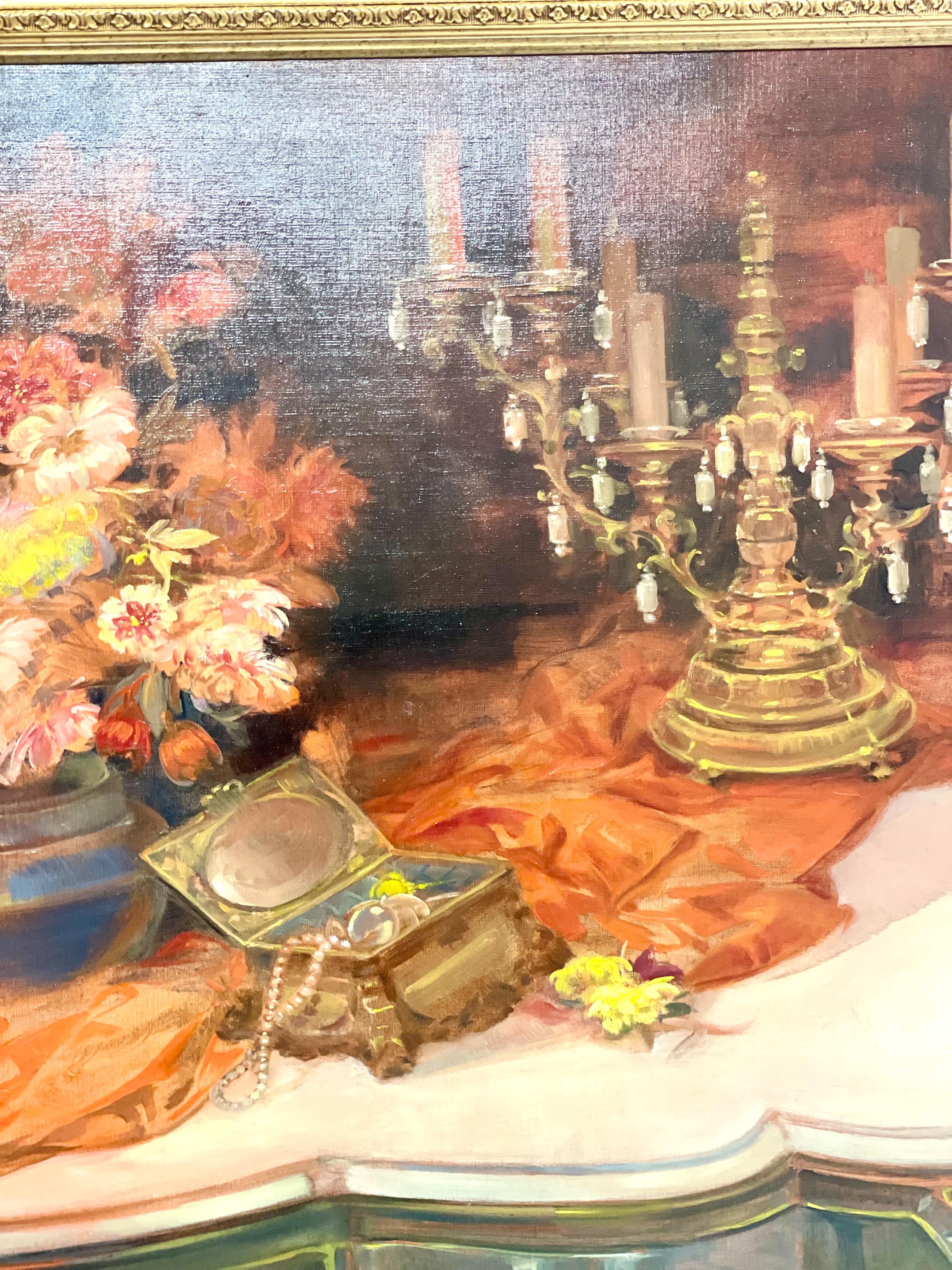 Large Still Life Painting with Flowers, Jewelry and Candelabra For Sale 3