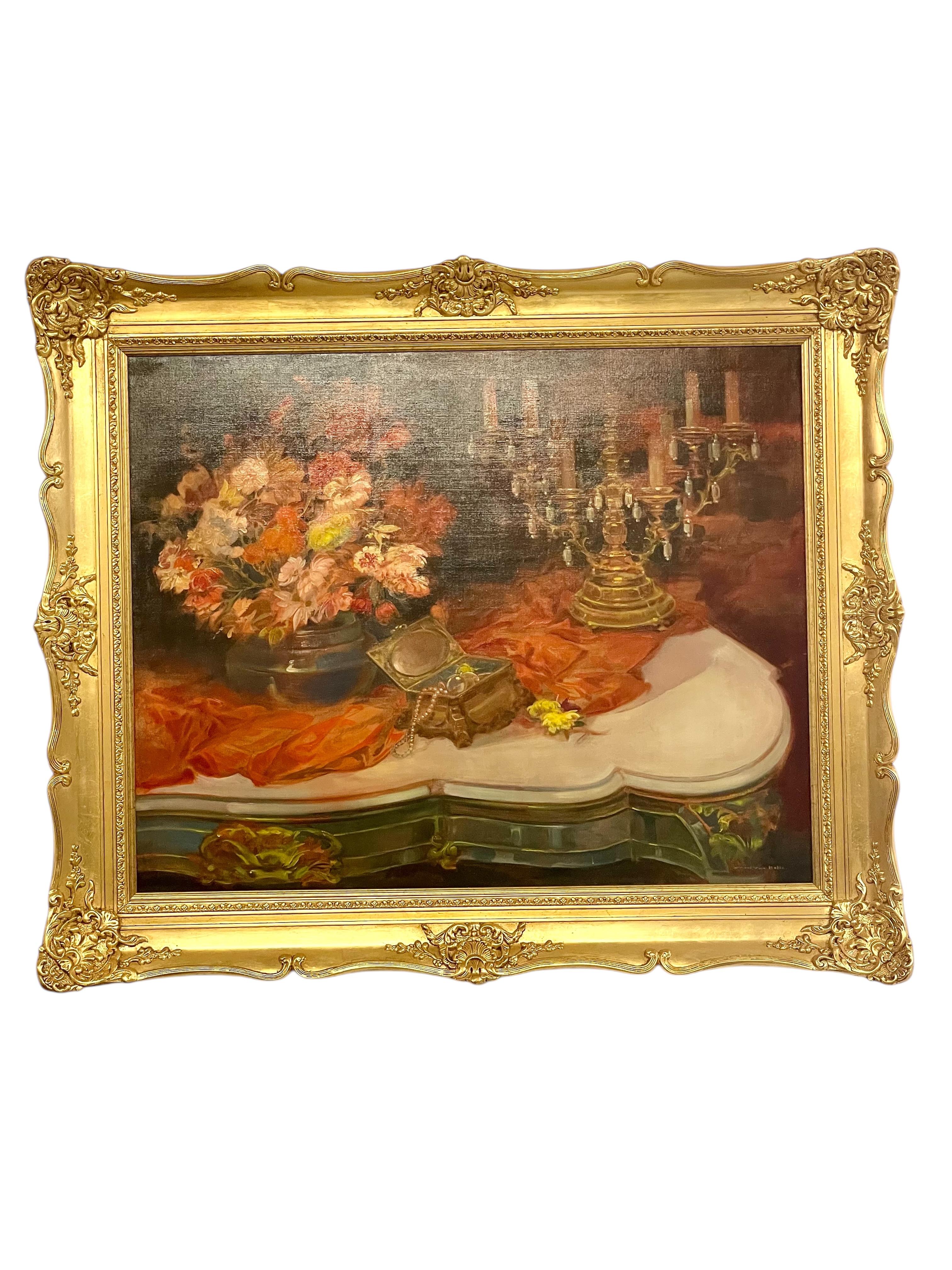 Large Still Life Painting with Flowers, Jewelry and Candelabra For Sale 4