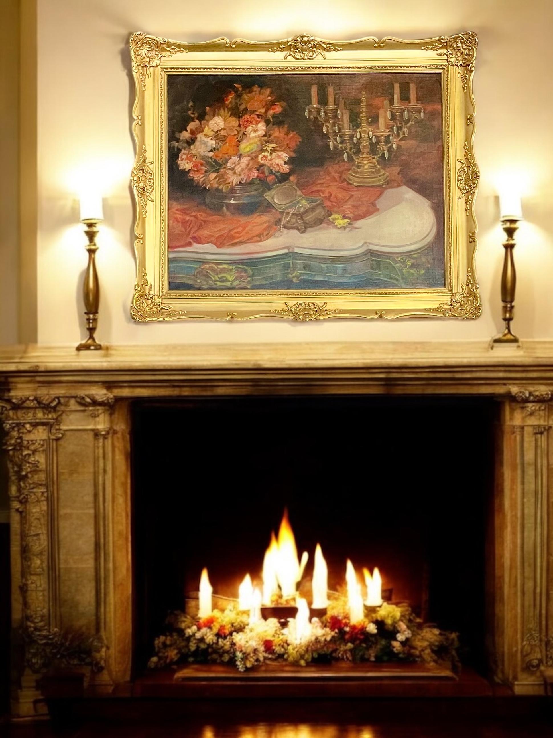 Large Still Life Painting with Flowers, Jewelry and Candelabra For Sale 6