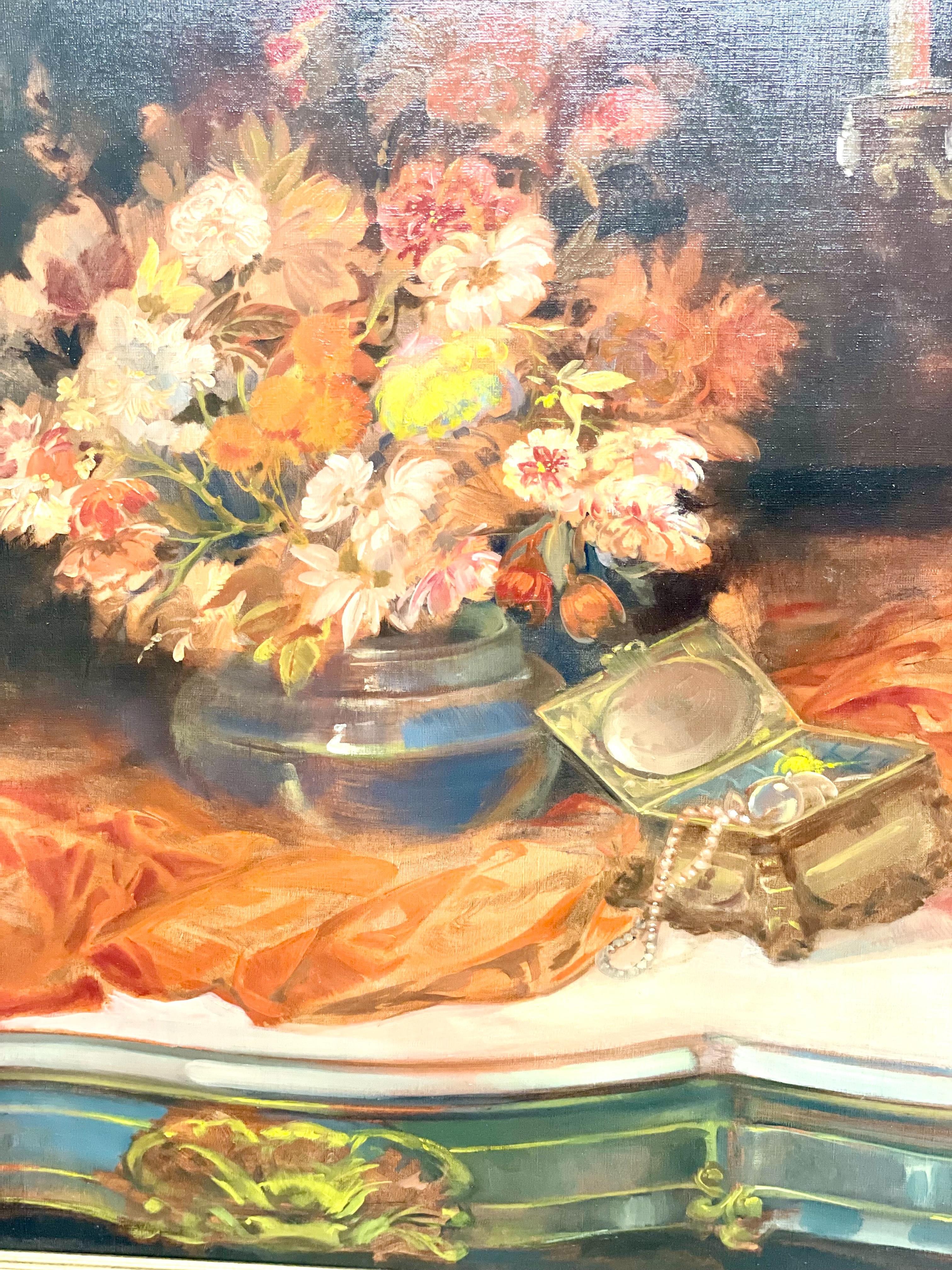 French Large Still Life Painting with Flowers, Jewelry and Candelabra For Sale