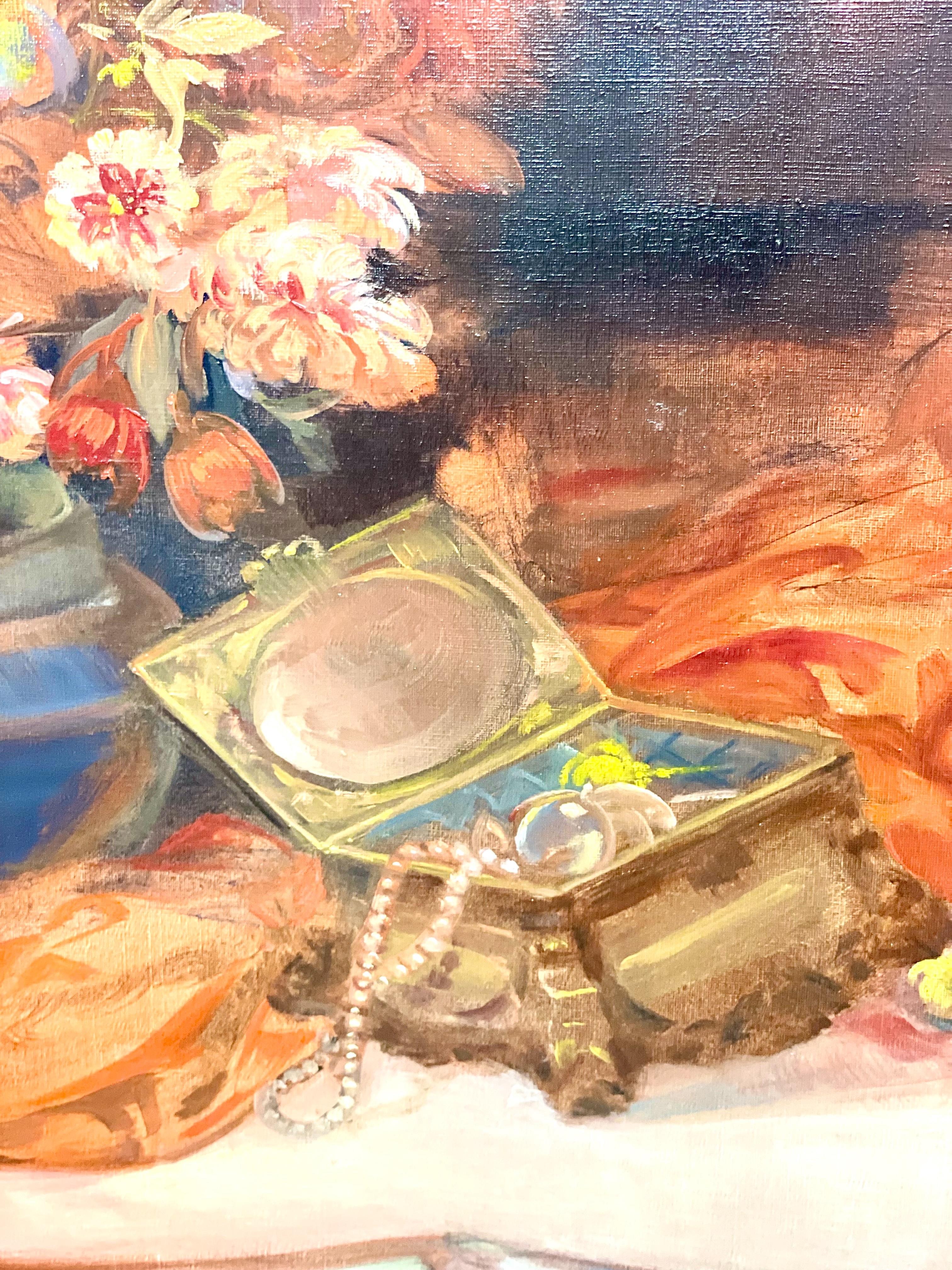 Gilt Large Still Life Painting with Flowers, Jewelry and Candelabra For Sale