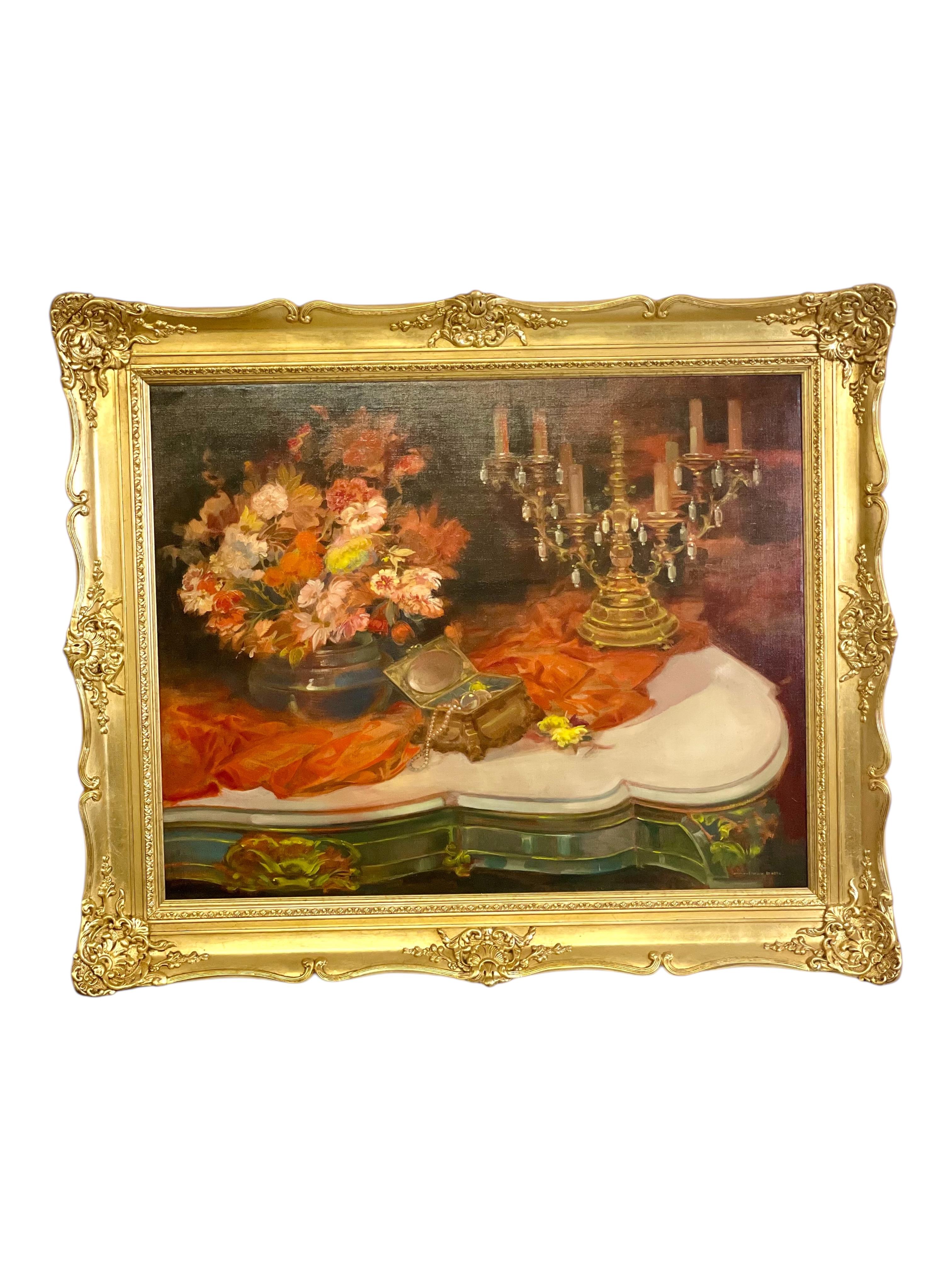 Large Still Life Painting with Flowers, Jewelry and Candelabra In Good Condition For Sale In LA CIOTAT, FR