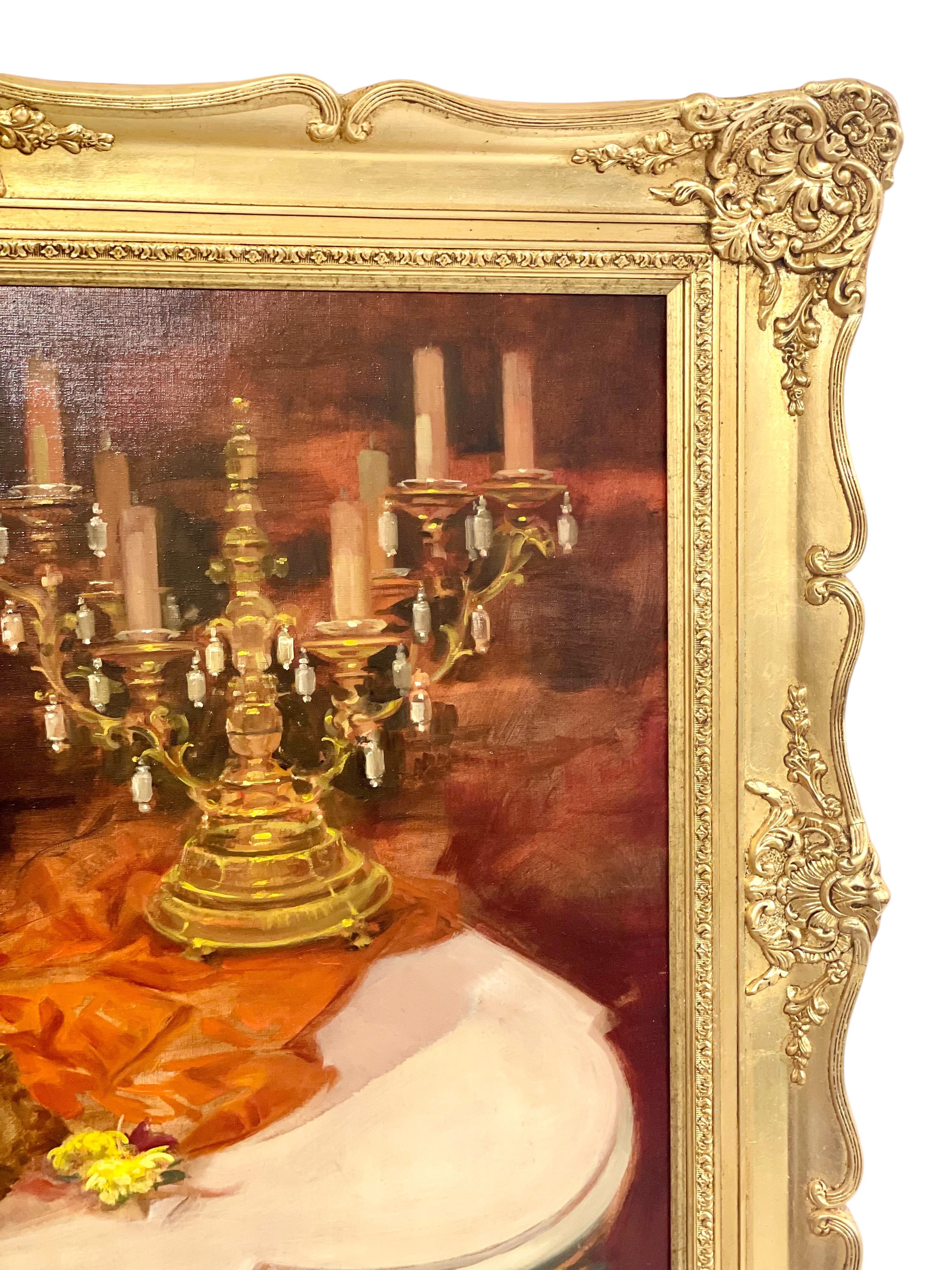 20th Century Large Still Life Painting with Flowers, Jewelry and Candelabra For Sale