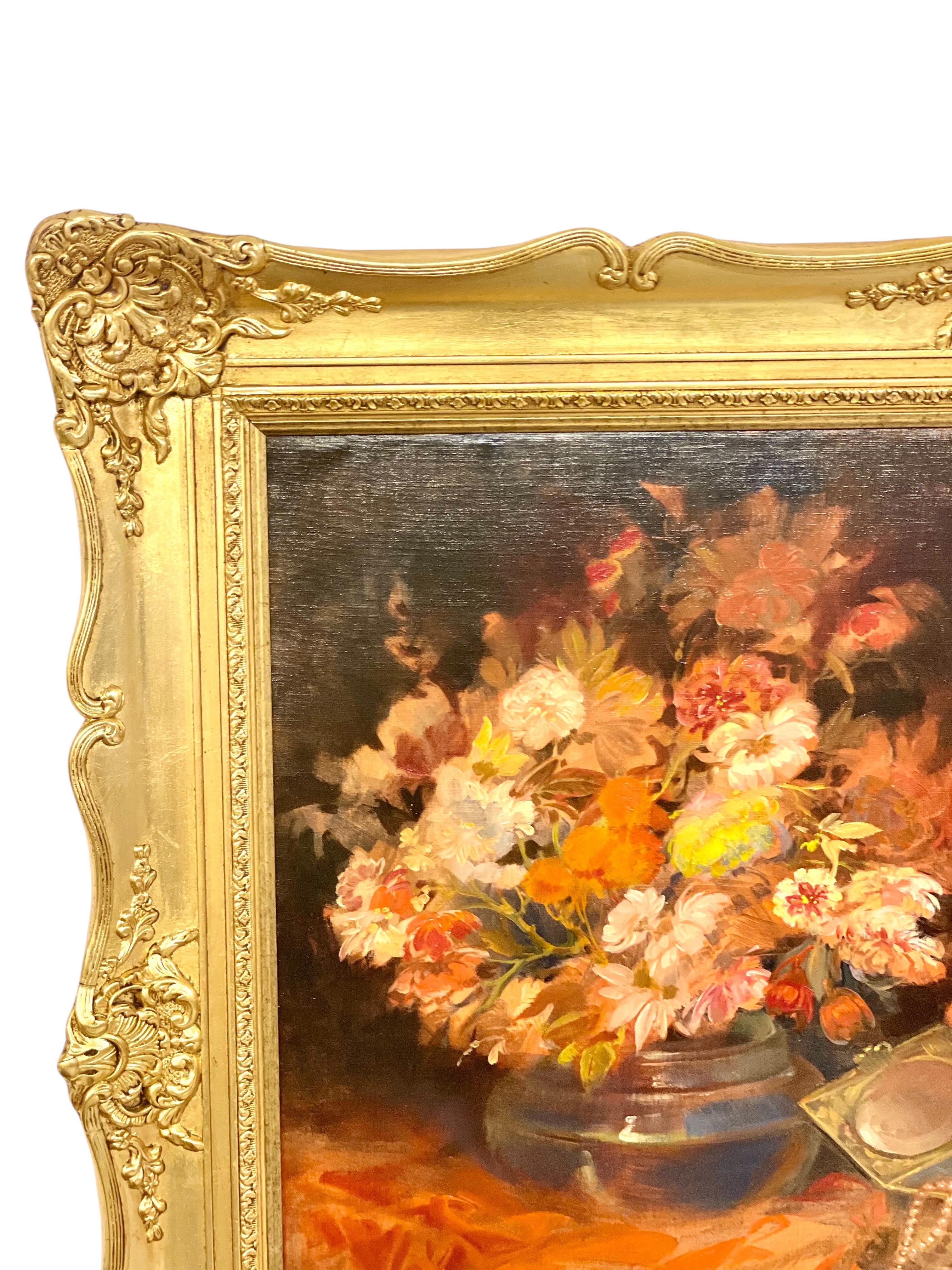 Canvas Large Still Life Painting with Flowers, Jewelry and Candelabra For Sale