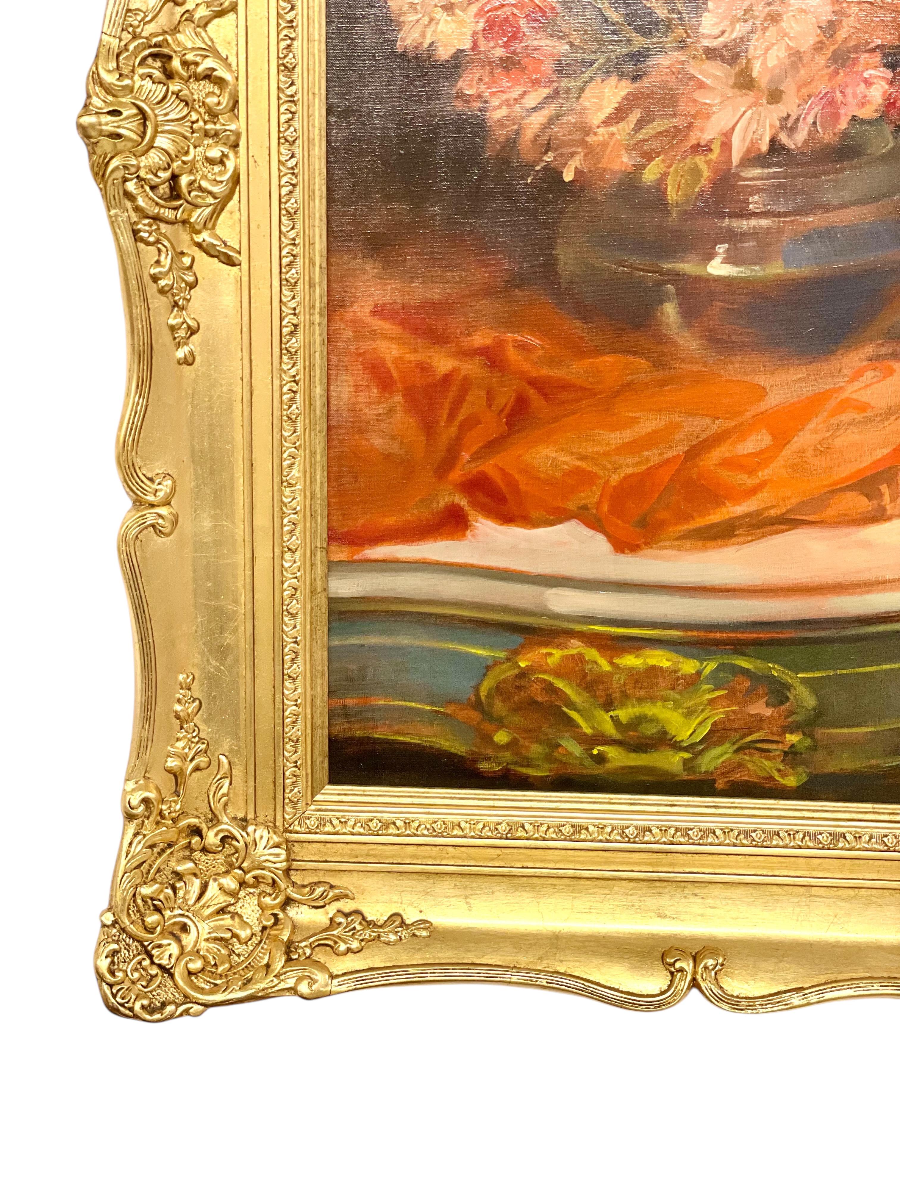 Large Still Life Painting with Flowers, Jewelry and Candelabra For Sale 2