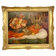 Large Still Life Painting with Flowers, Jewelry and Candelabra