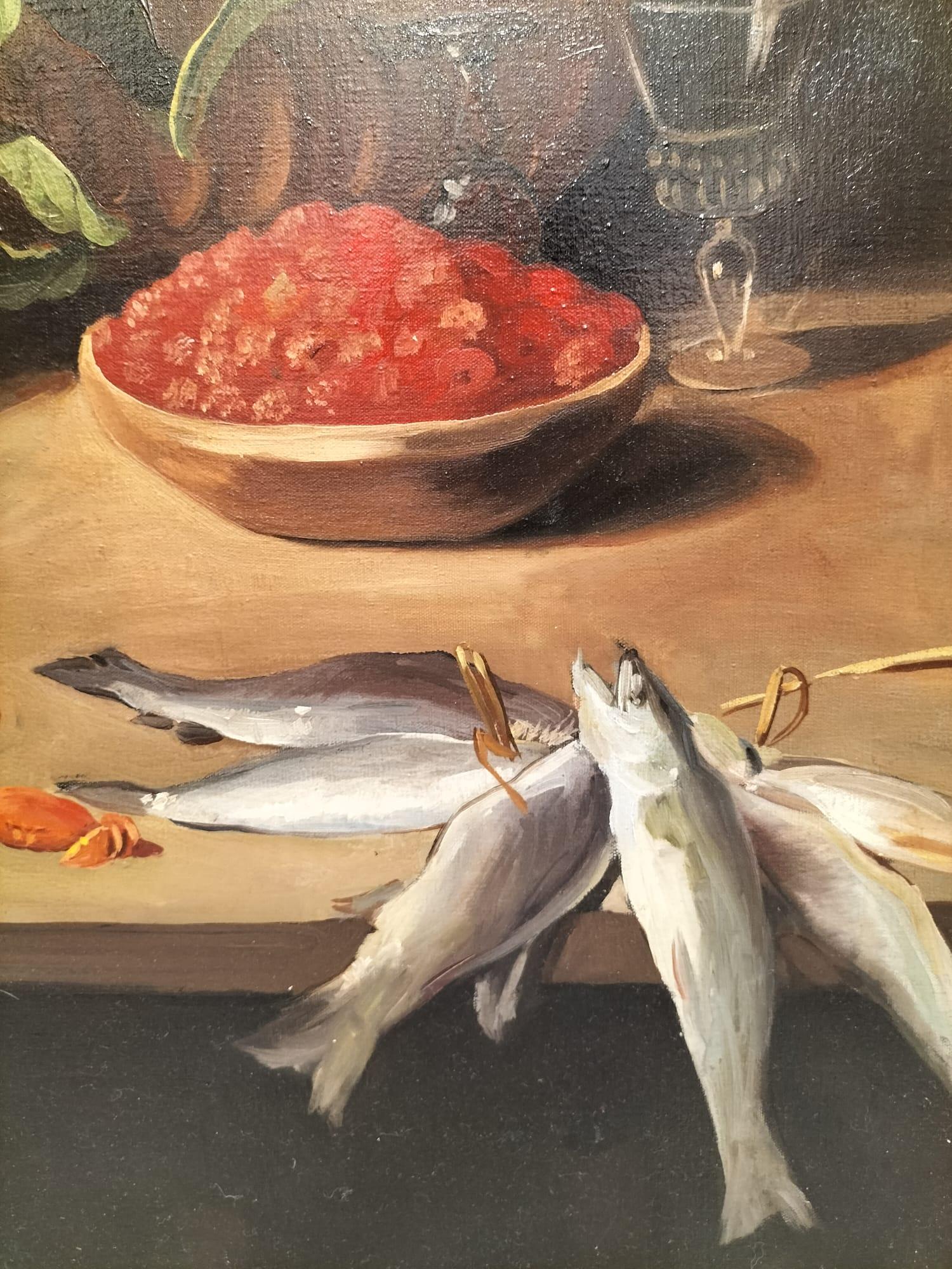 Francese Grande natura morta con pesci Olio su tela in cornice dorata, 152 cm x 112 cm in vendita