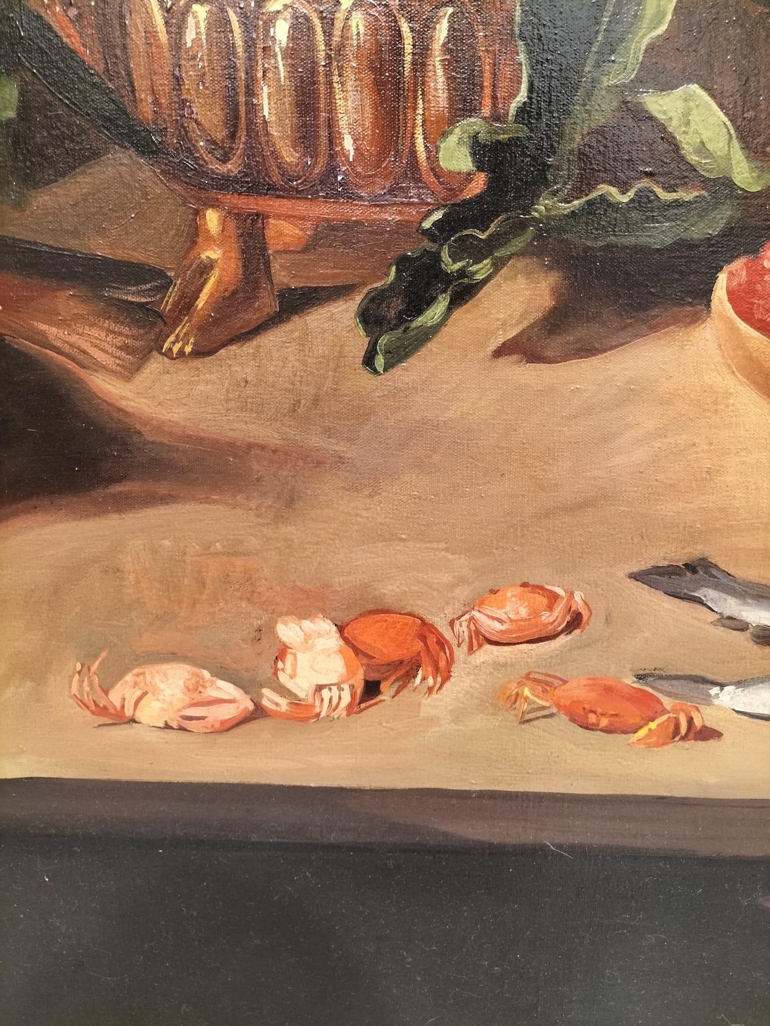 A olio Grande natura morta con pesci Olio su tela in cornice dorata, 152 cm x 112 cm in vendita