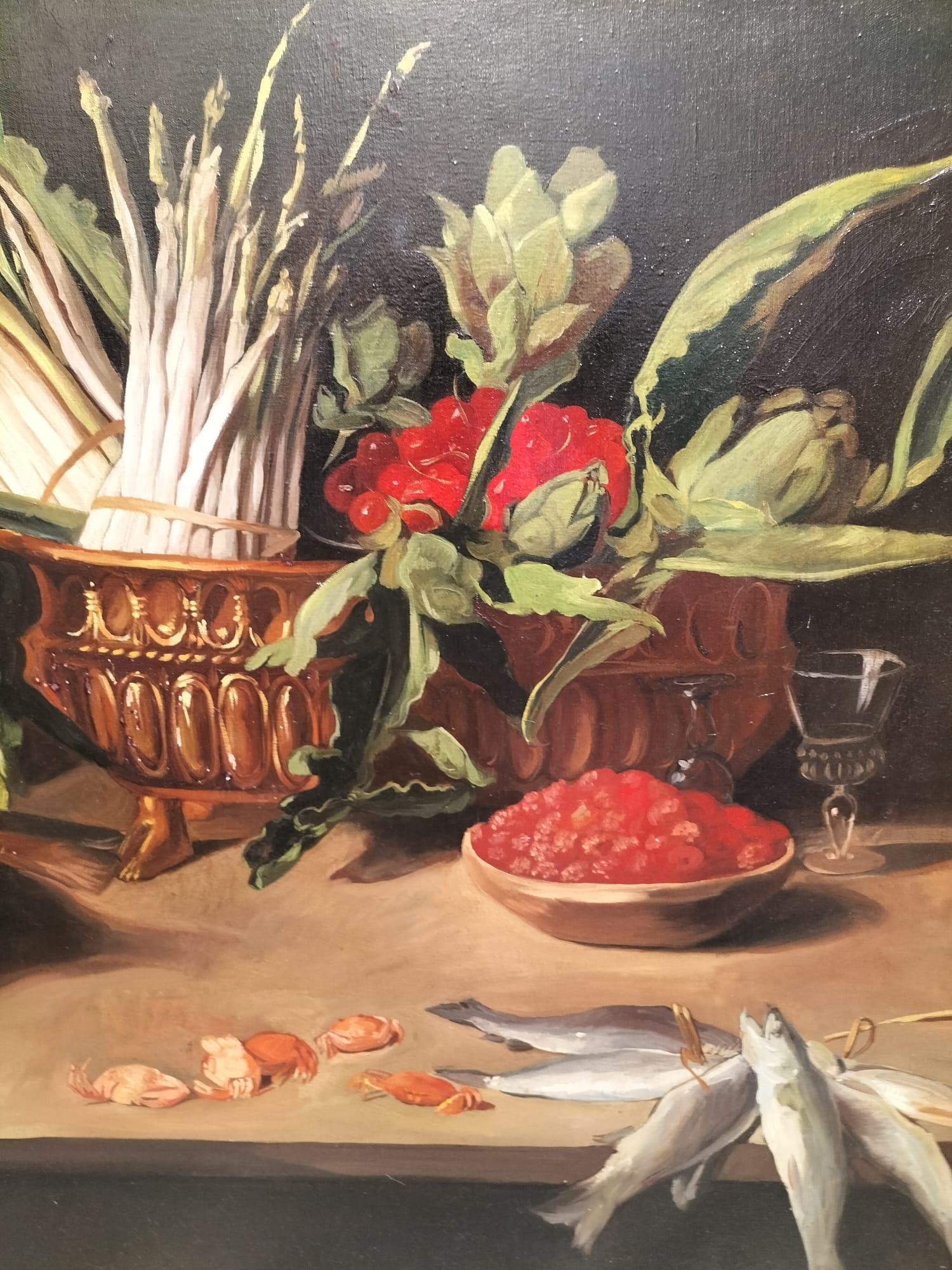 Grande natura morta con pesci Olio su tela in cornice dorata, 152 cm x 112 cm In condizioni buone in vendita a NICE, FR
