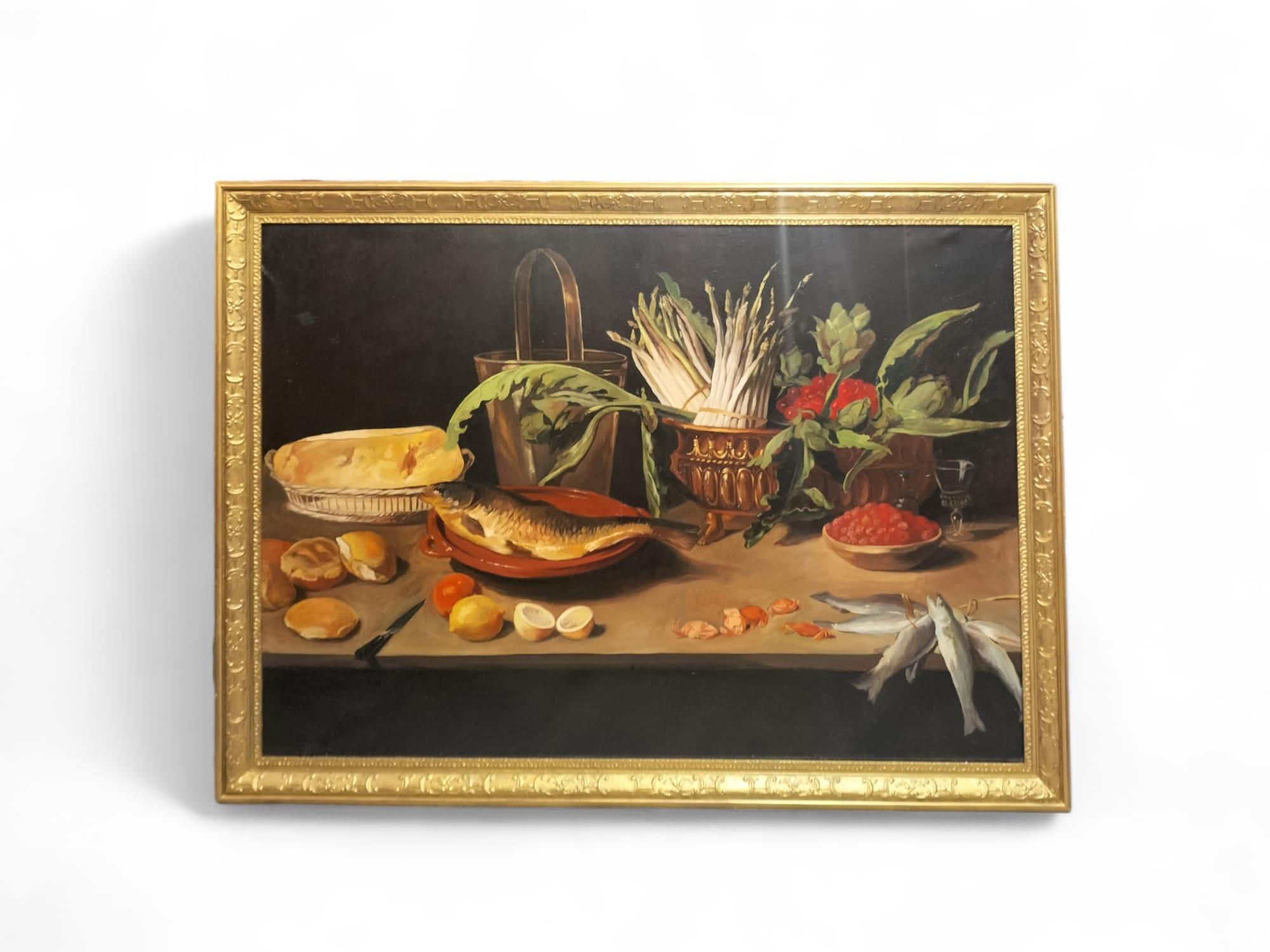 Tela Grande natura morta con pesci Olio su tela in cornice dorata, 152 cm x 112 cm in vendita