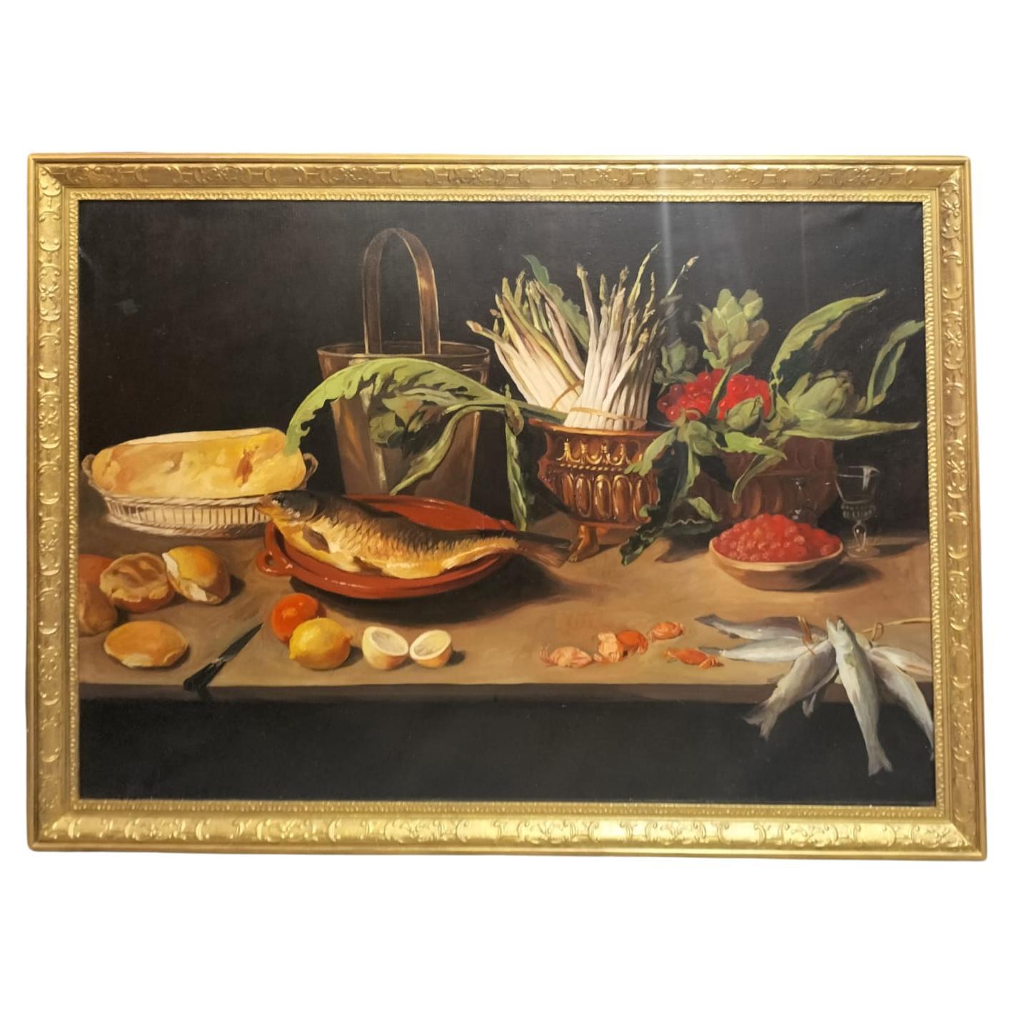 Grande natura morta con pesci Olio su tela in cornice dorata, 152 cm x 112 cm in vendita