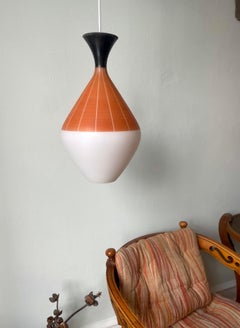 Stilnovo Pendant Light, Opaline Glass with Orange Decor, Italy 1950s