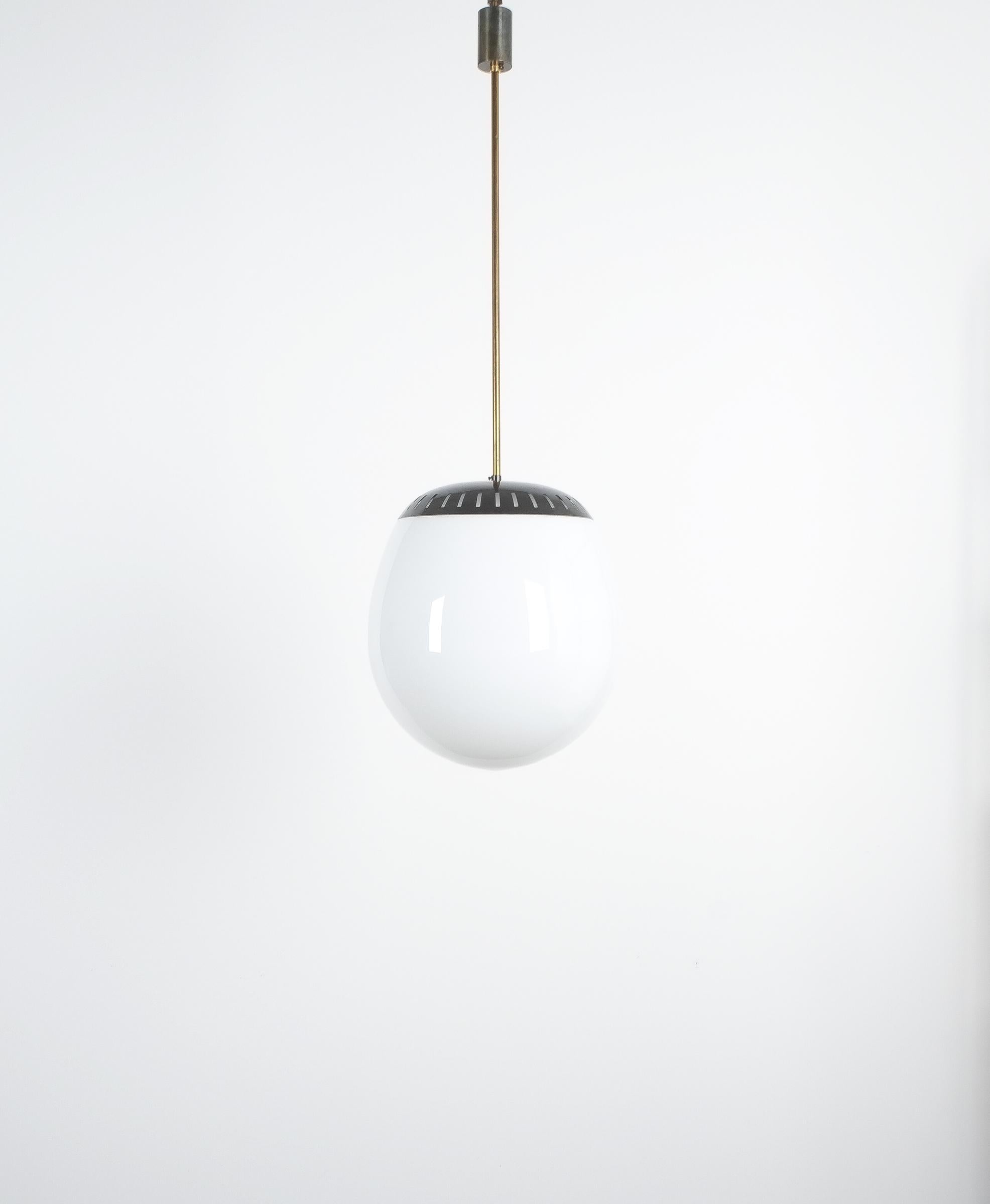 Large Stilnovo ball pendant opal glass, circa 1950, Italy. 

Beautiful Italian pendant light with a black lacquered aluminum head. It's in good to very good condition with no chips to the glass shade, some wear to the original lacquer. Measures: