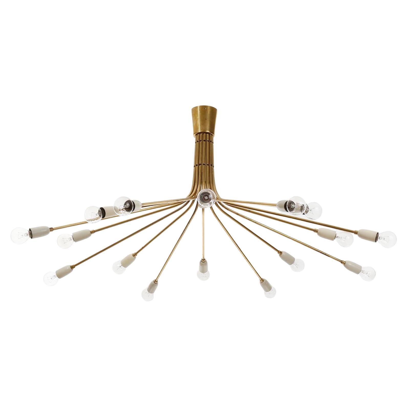 Mid-Century Modern Large Stilnovo Flush Mount Light, Brass Spider Sputnik, Italy, 1960s For Sale