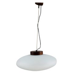 Grande pendente Stilnovo Diffusore in vetro satinato e Wood, Italia, anni '50
