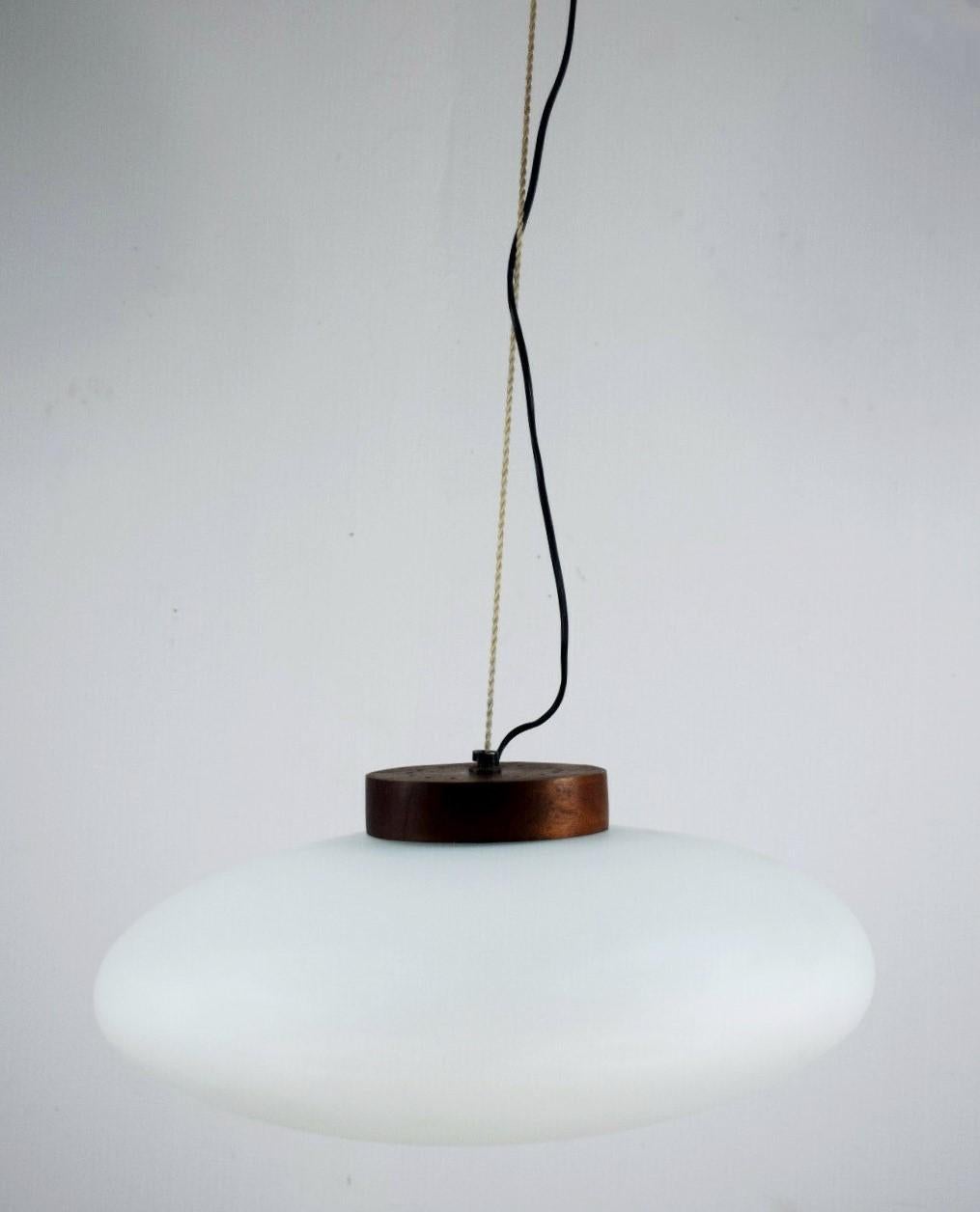 Italian Large Stilnovo Pendant Brushed Satin Glass Diffuser and Wood, Italy, 1950s For Sale