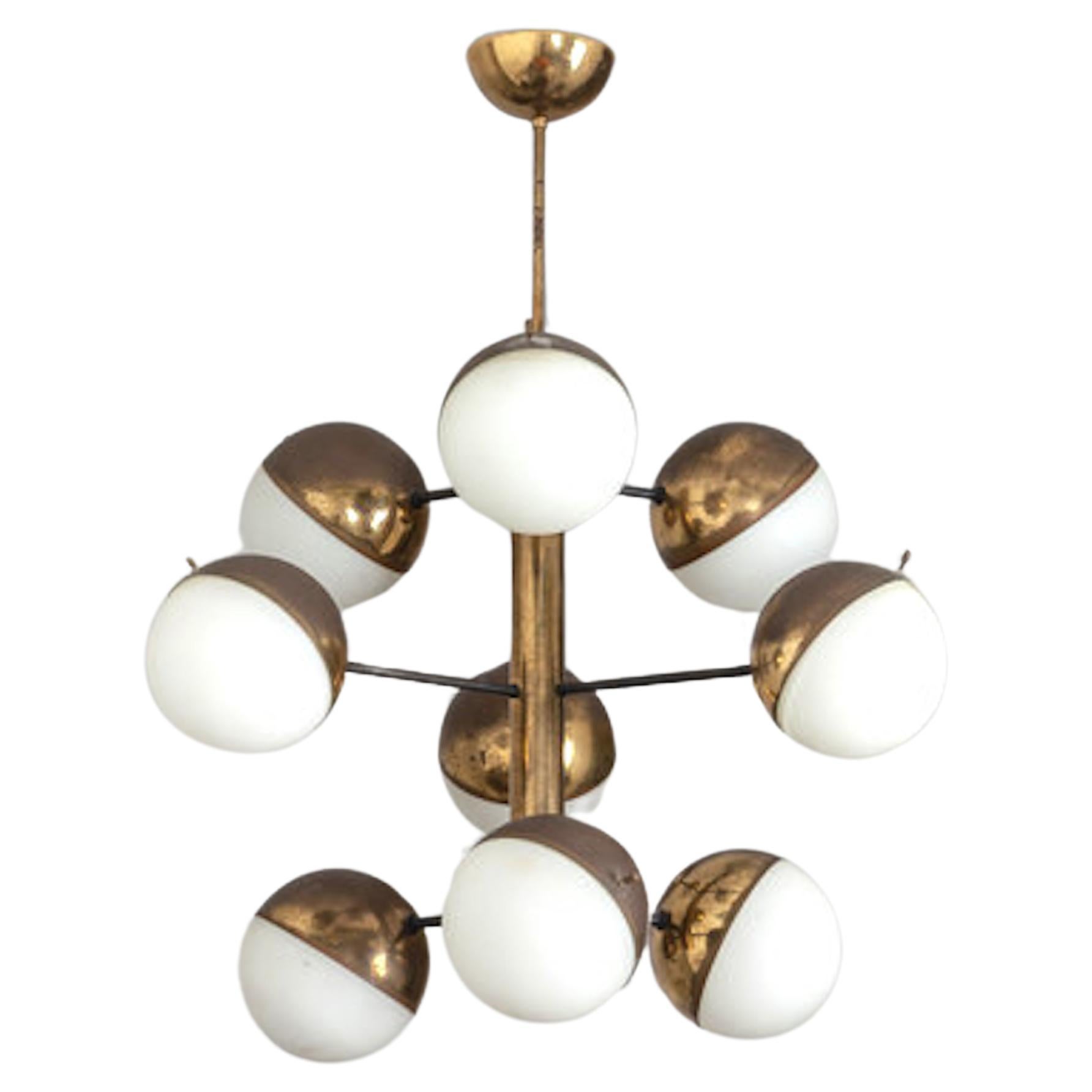 Large Stilnovo pendant Chandelier in brass and opaline glass, Model 1129, Italy For Sale