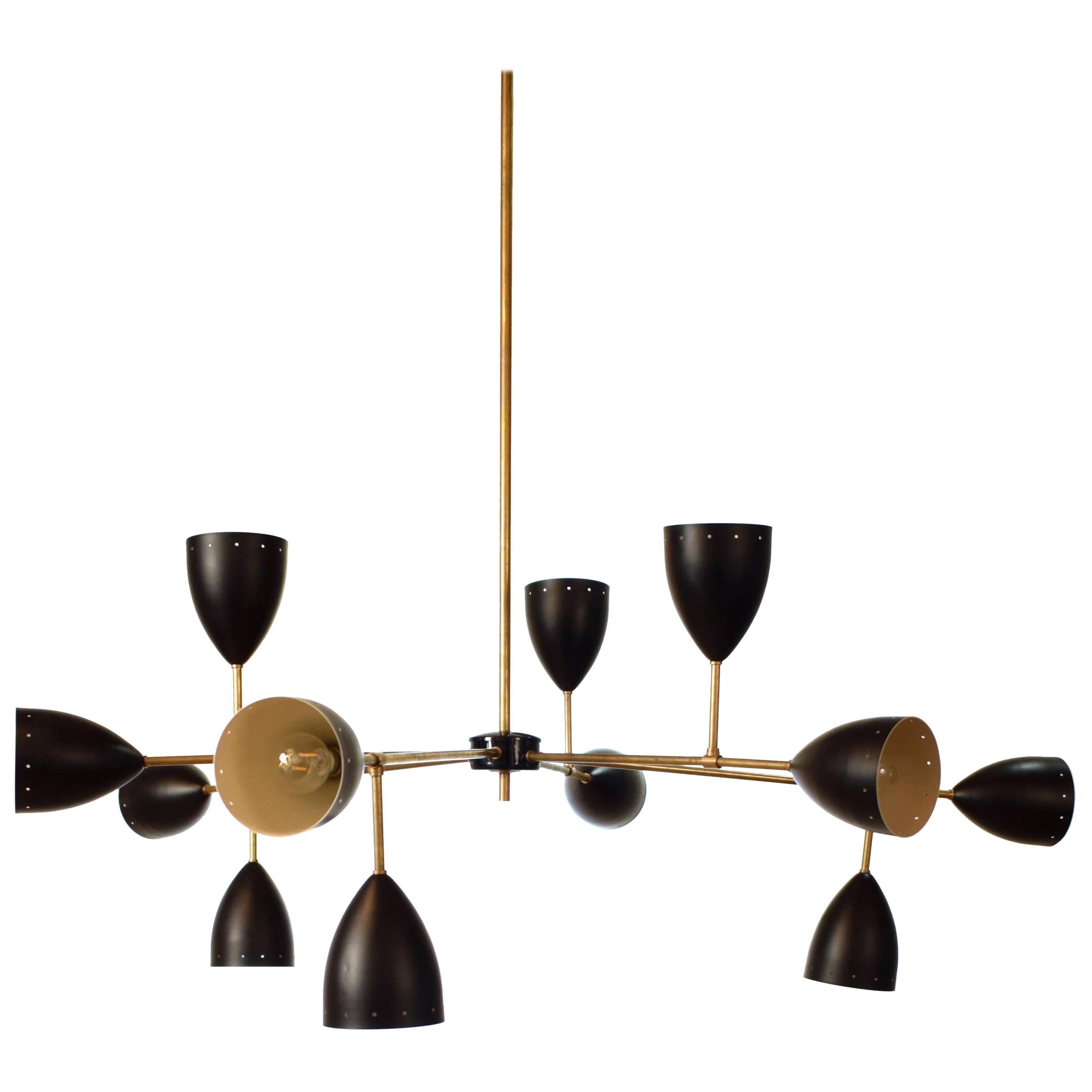 Large Mid-Century Style Stilnovo Chandelier in Brass and Black Lacquered Metal For Sale