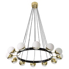 Grand lustre italien de style Stilnovo, 12 Lights, en laiton et verre
