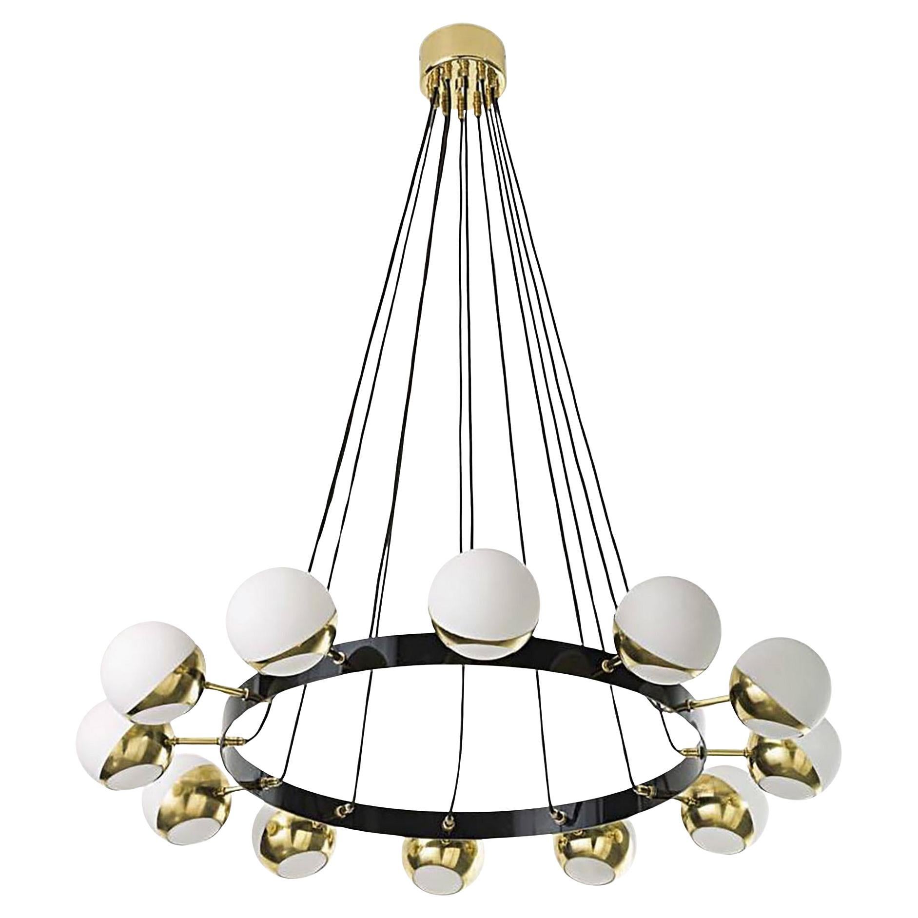 Grand lustre italien de style Stilnovo, 12 Lights, en laiton et verre