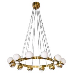 Large Stilnovo Style Italian Chandelier 12 Lights, Made of Brass and Glass