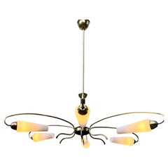 Large Stilnovo Vintage Chandelier 6 Arms With Wooden Details Italy, 1960s