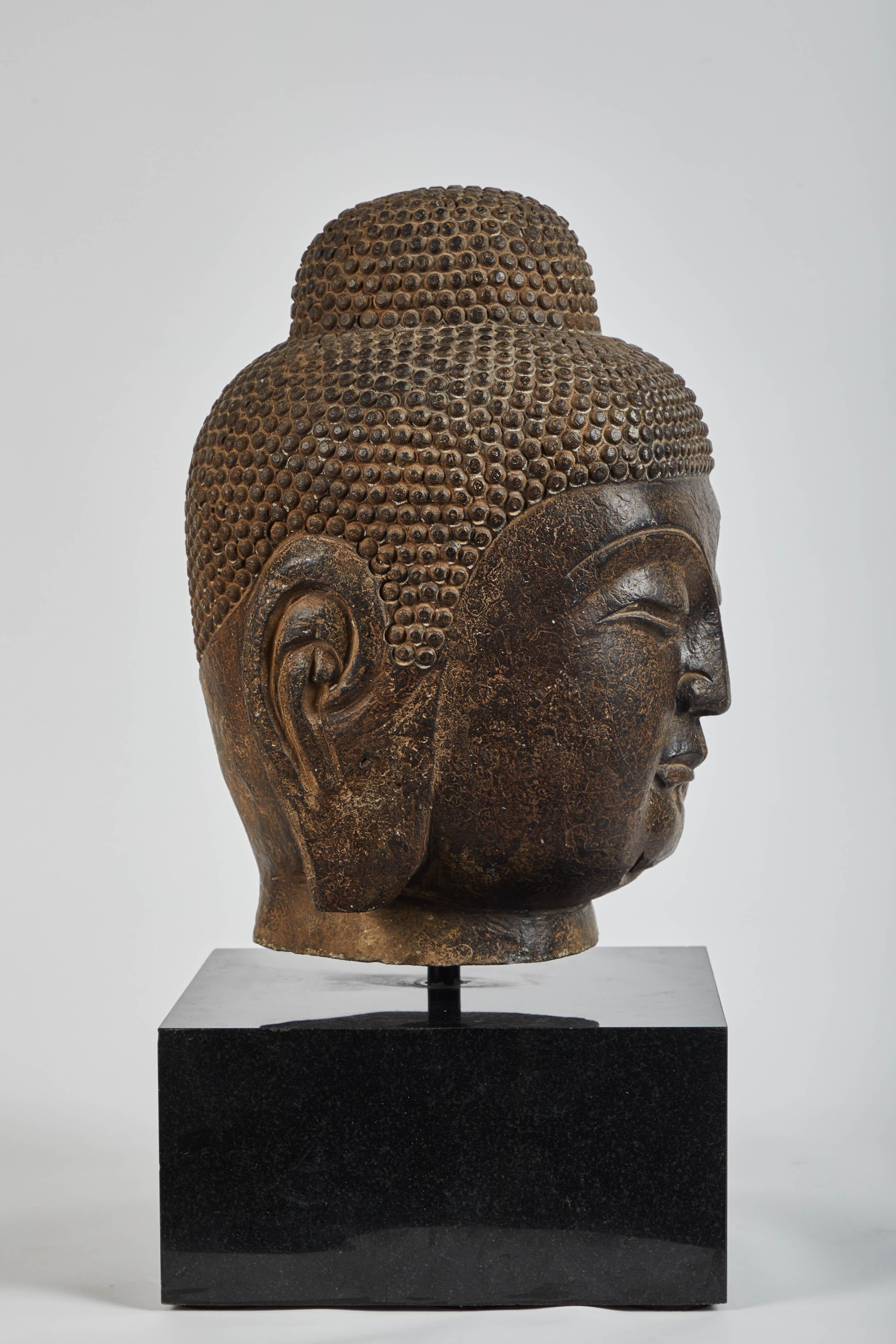 Large Stone Carved Buddha Head In Good Condition In Pasadena, CA