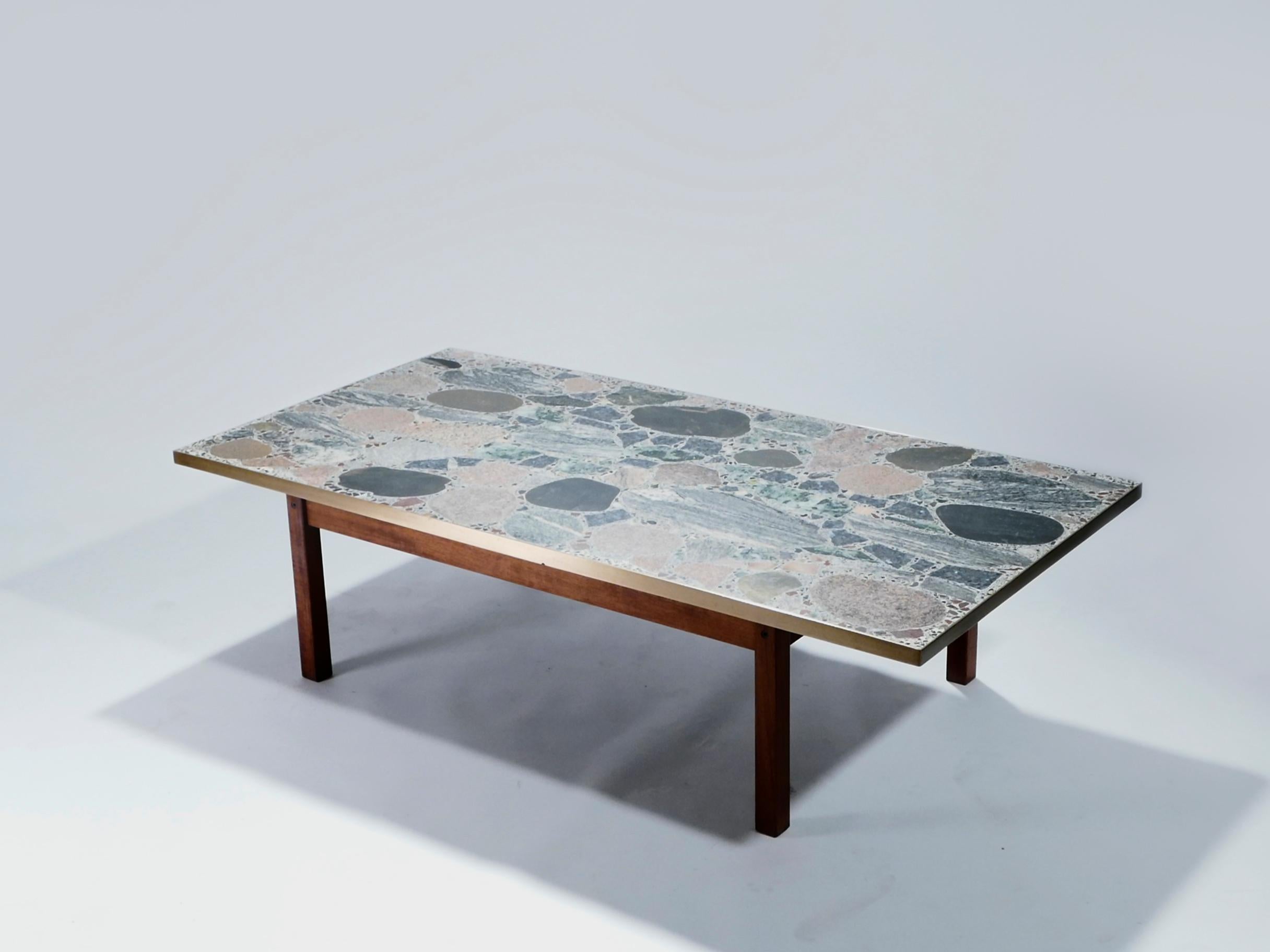 Mid-Century Modern Large Stones and Brass Coffee Table by Torbjørn Afdal, 1960s