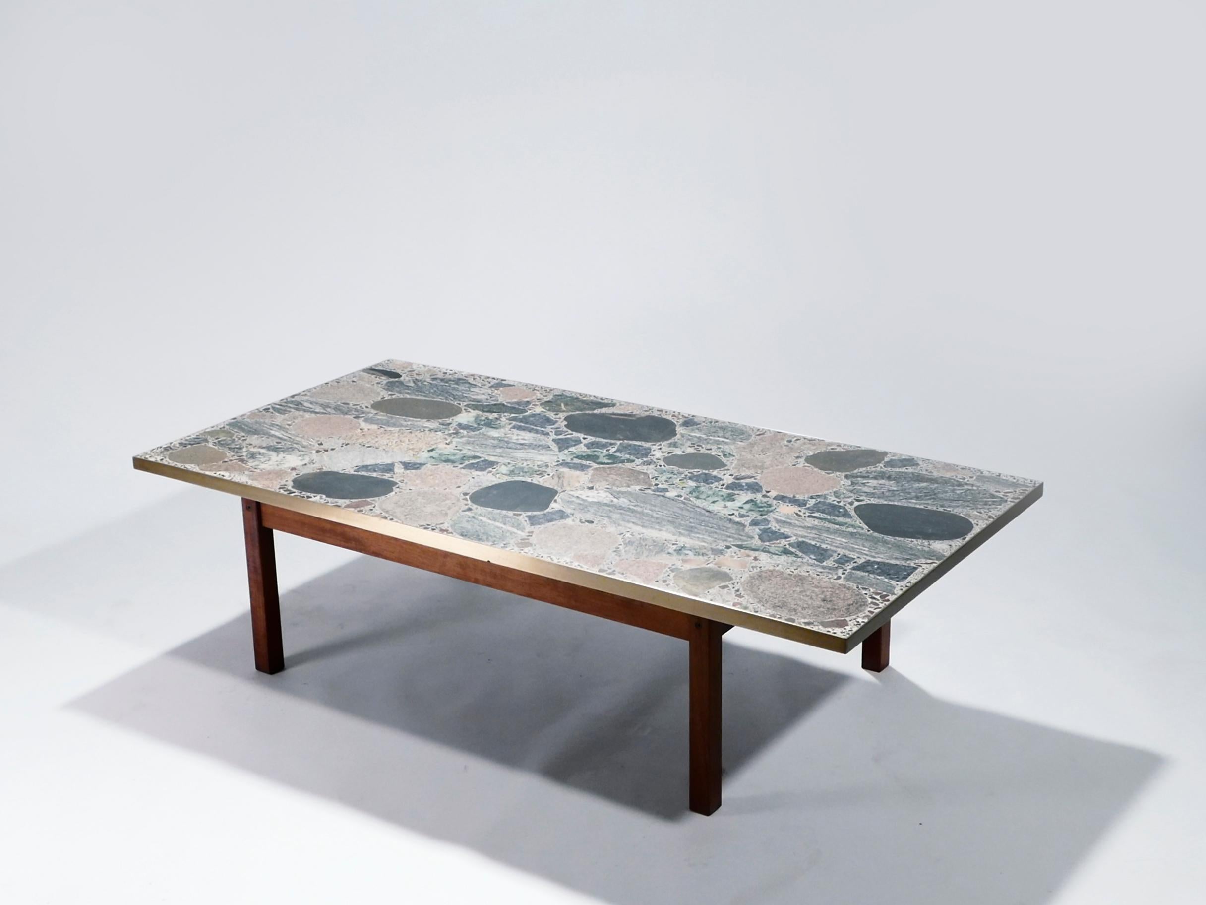 Large Stones and Brass Coffee Table by Torbjørn Afdal, 1960s In Excellent Condition In Paris, IDF