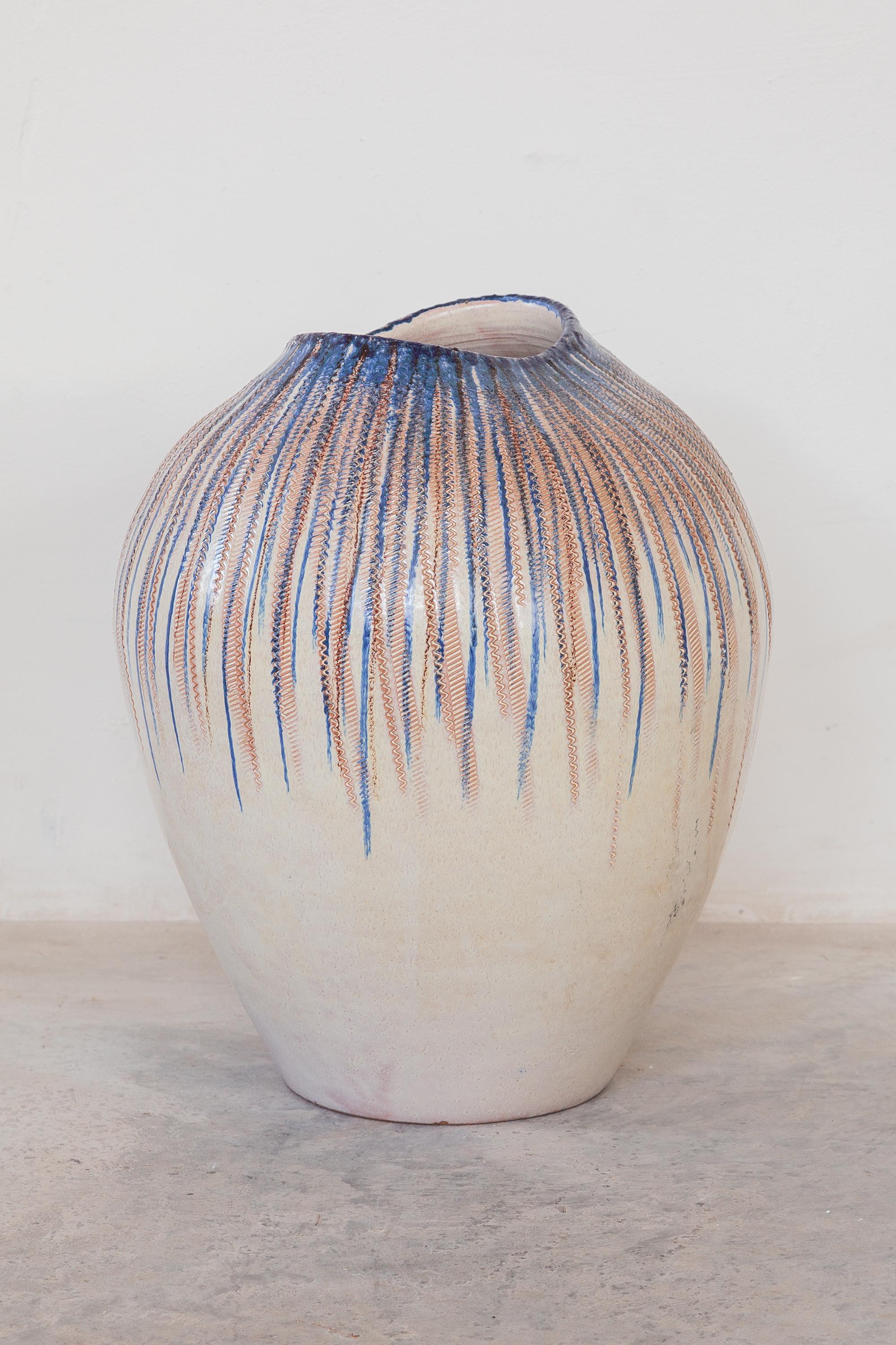 Large stoneware glazed decorative vase. Midcentury era design featuring hand drawn strips of blue colored glaze, Germany, 1960s. Perfect condition. Measures: Height 40 cm.