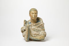Large Stoneware Blue and Brown Figurativ Bust Sculpture circa 1960 Unique Piece