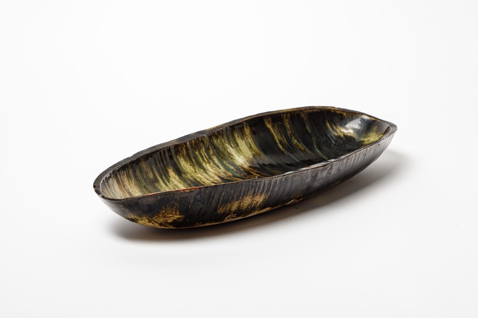 XX secolo Piatto grande in ceramica marrone e nera o Vide Poche di Norbert Pierlot in vendita