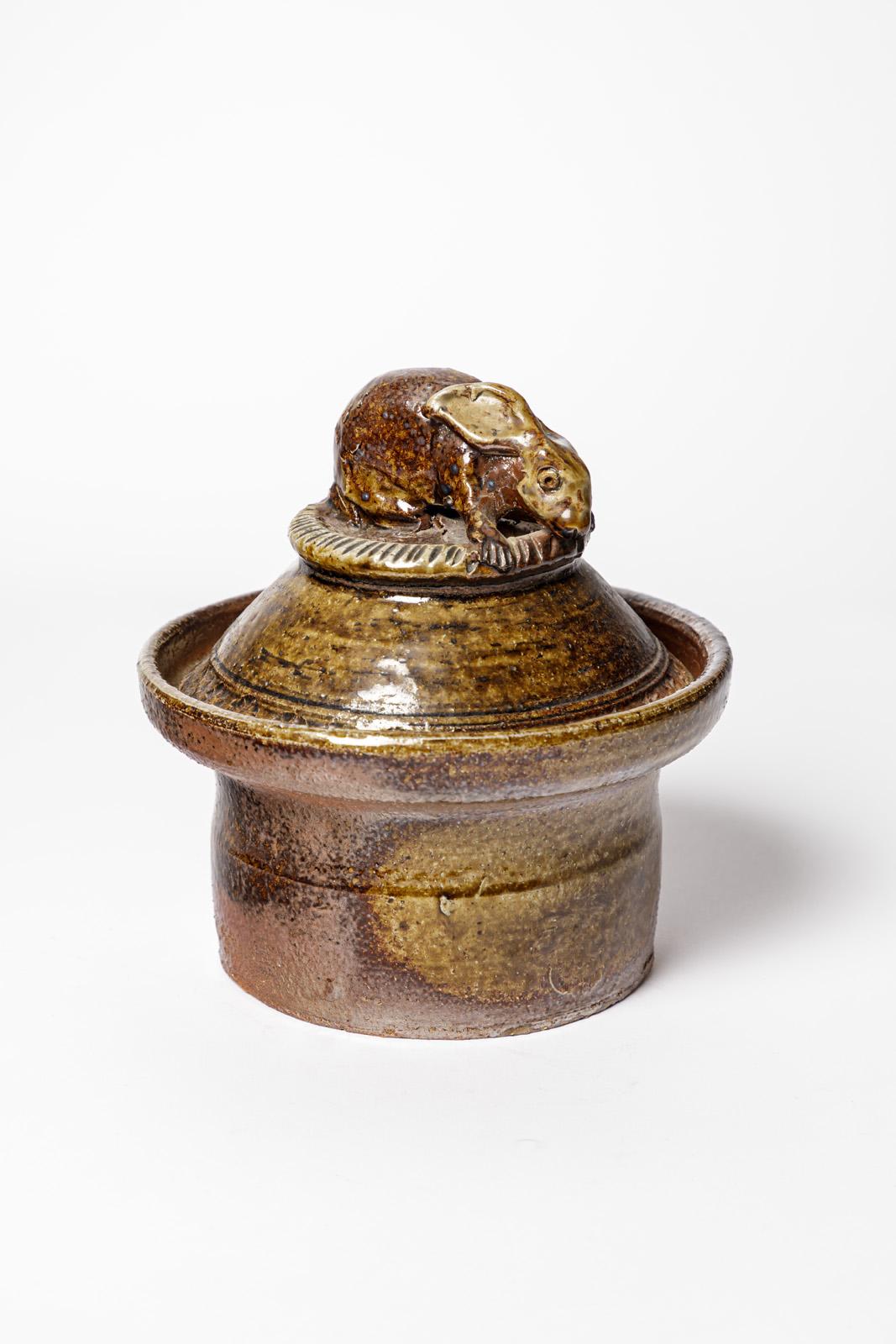 French Large Stoneware Ceramic Animal Rabbit Decorative Box by Claude Gaget La Borne  For Sale