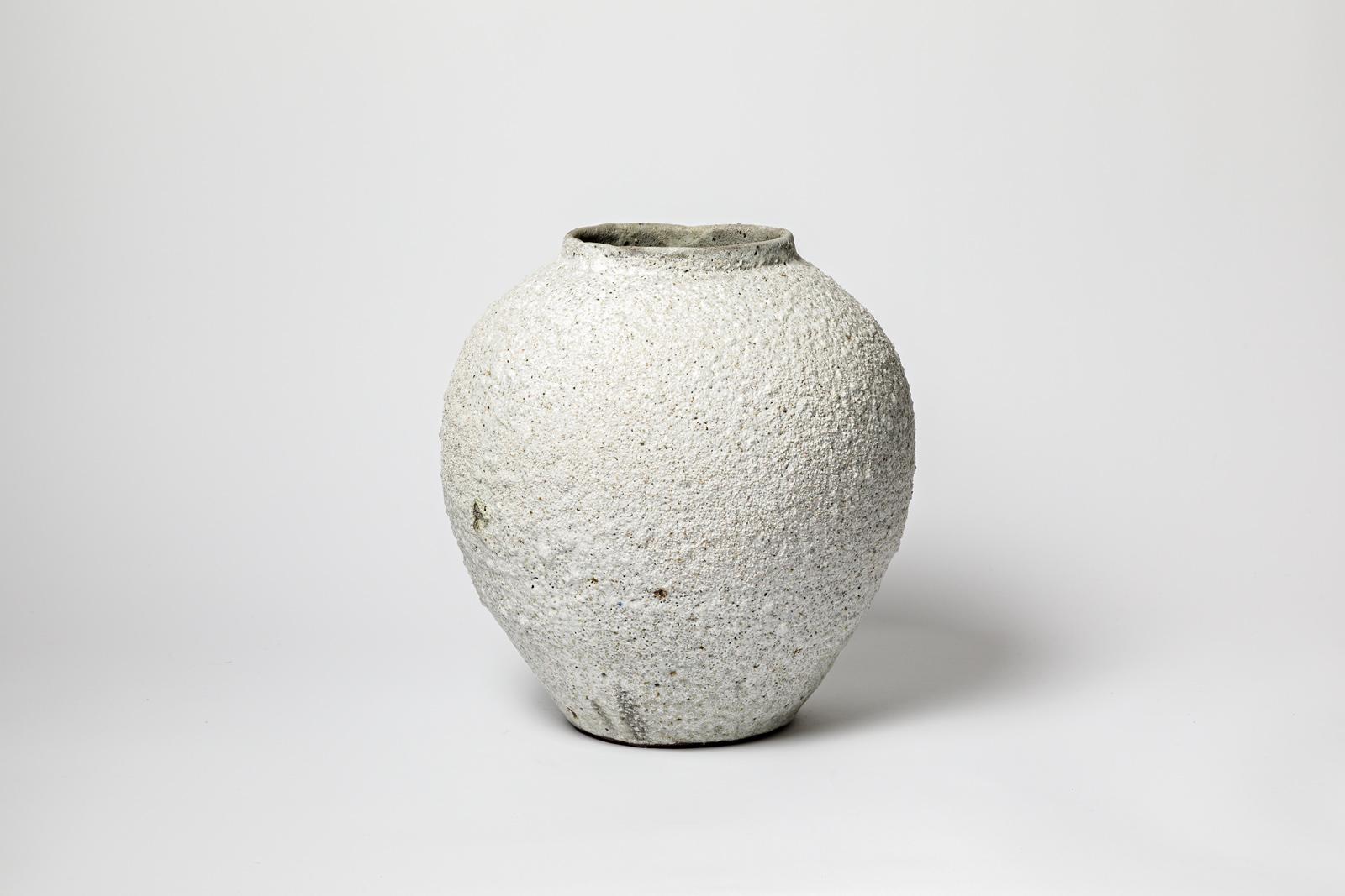French Large stoneware ceramic grey and white moon vase by B Audureau unique piece  For Sale