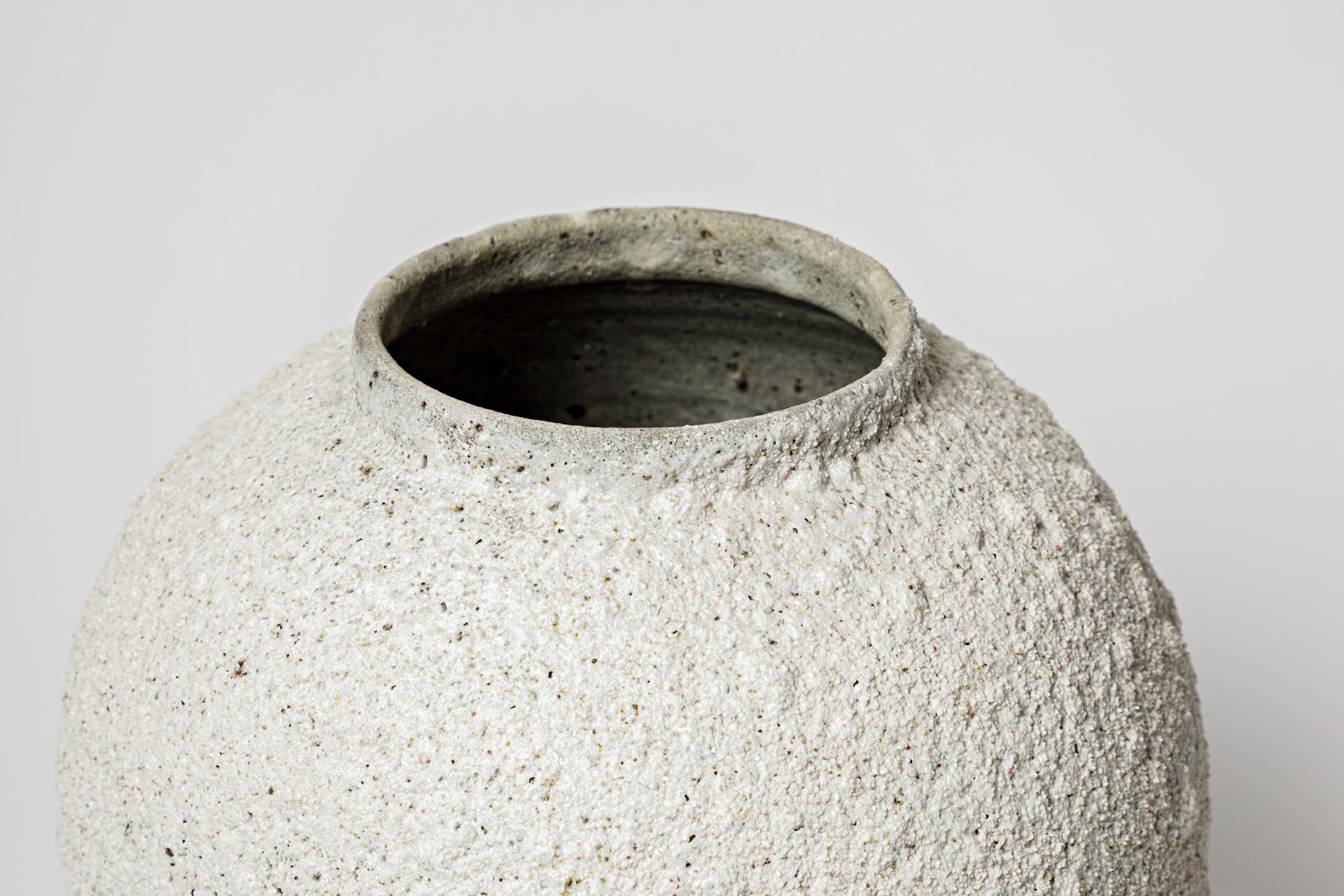 Contemporary Large stoneware ceramic grey and white moon vase by B Audureau unique piece  For Sale