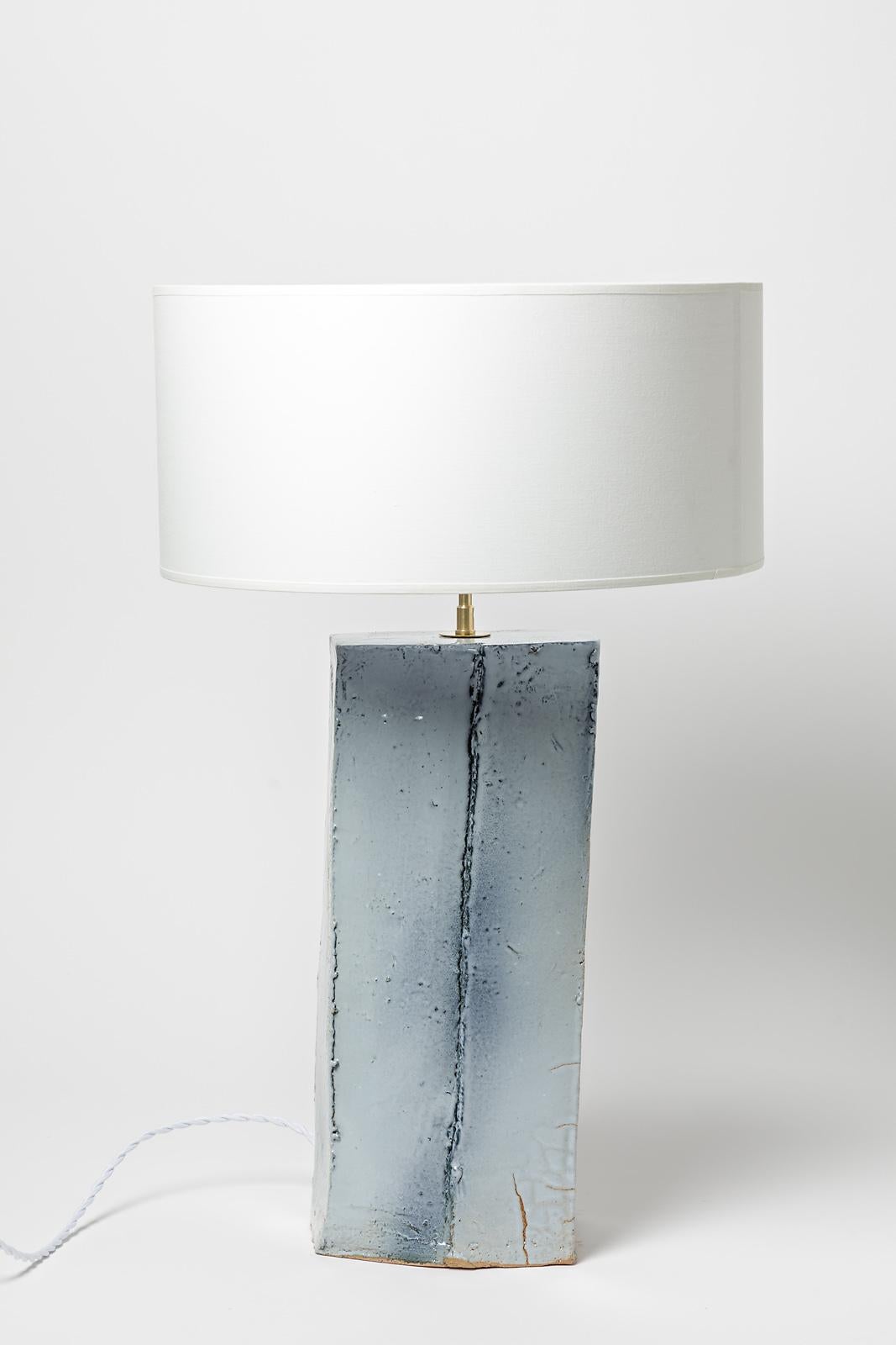 20th Century Large Stoneware Ceramic Table Lamp Signed GM White and Blue Colors, circa 1980 For Sale