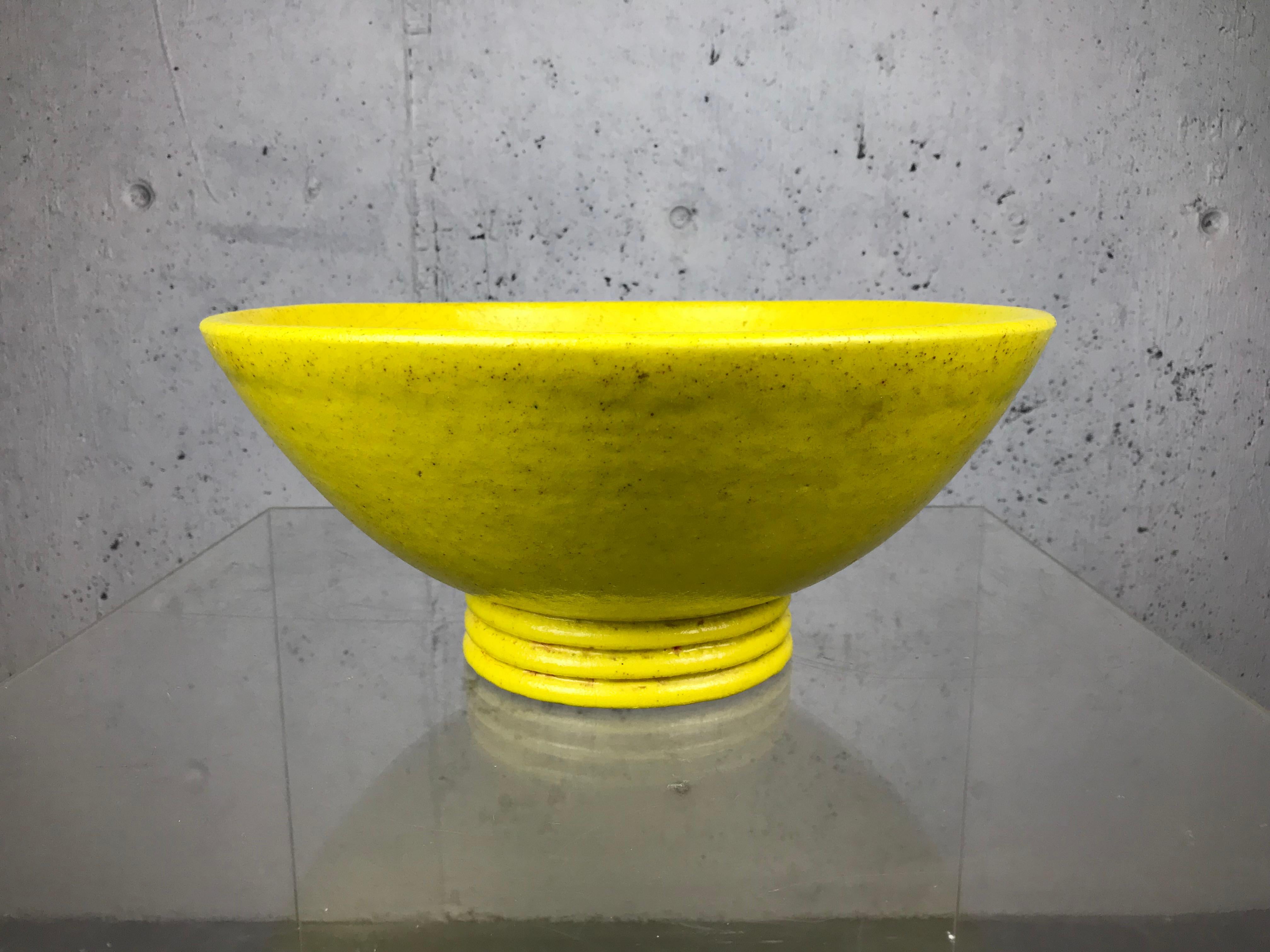 20th Century Large Stoneware Coupe Bowl in Yellow Glaze by French Potter Edmond Lachenal