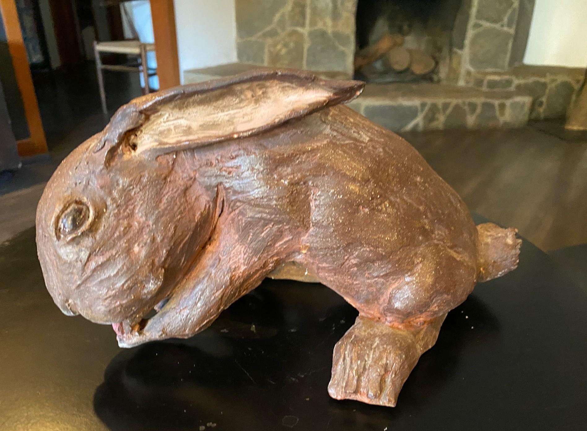 A fantastic, quite heavy and solid, large hand-crafted stoneware rabbit sculpture done in a  modern abstract, almost brutalist or Japanese Mingei Folk Art style.  

The work is apparently unsigned but came from a collection of a number of Beth