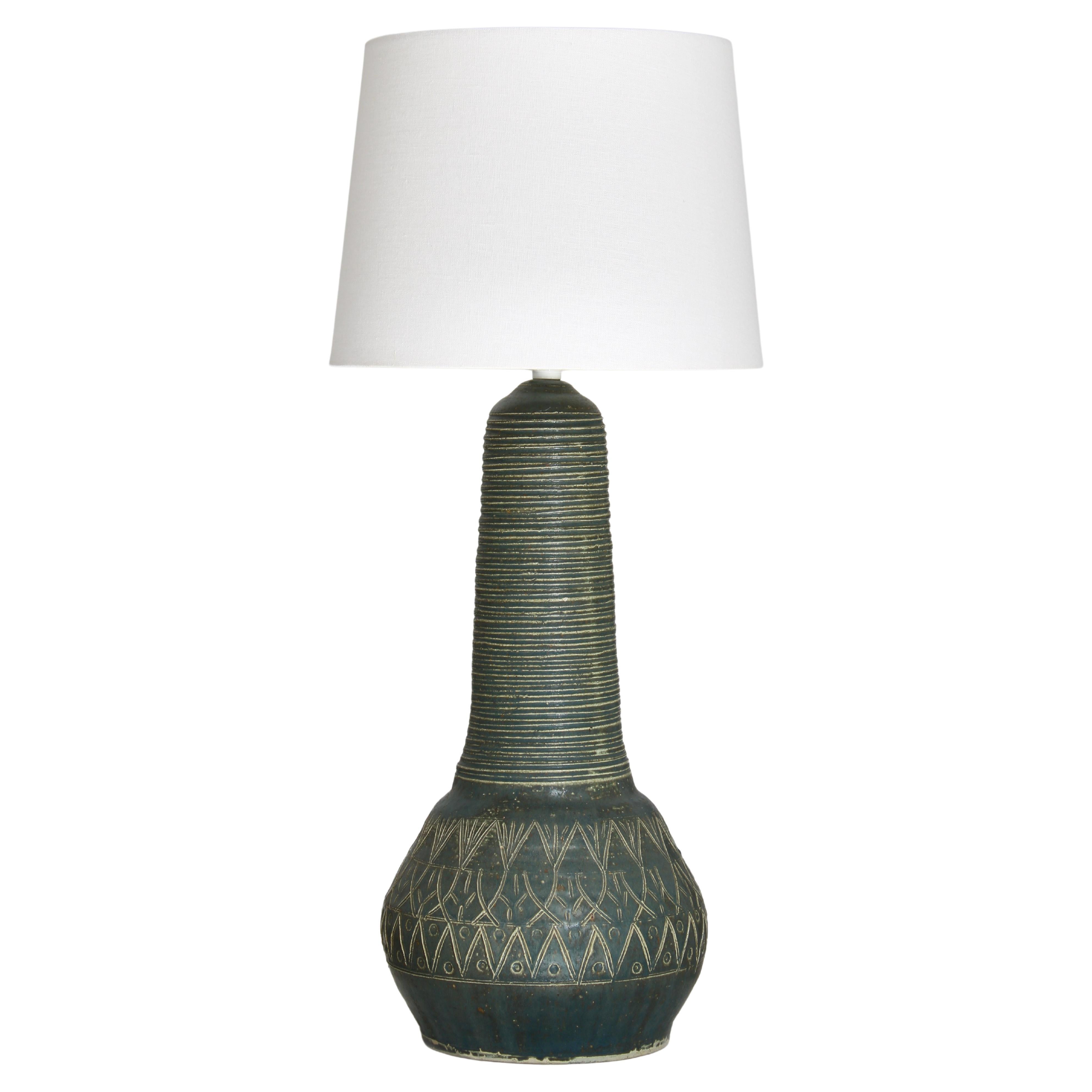 Large Stoneware Table Lamp w. Green Glazing Handmade in Denmark, 1960s For Sale