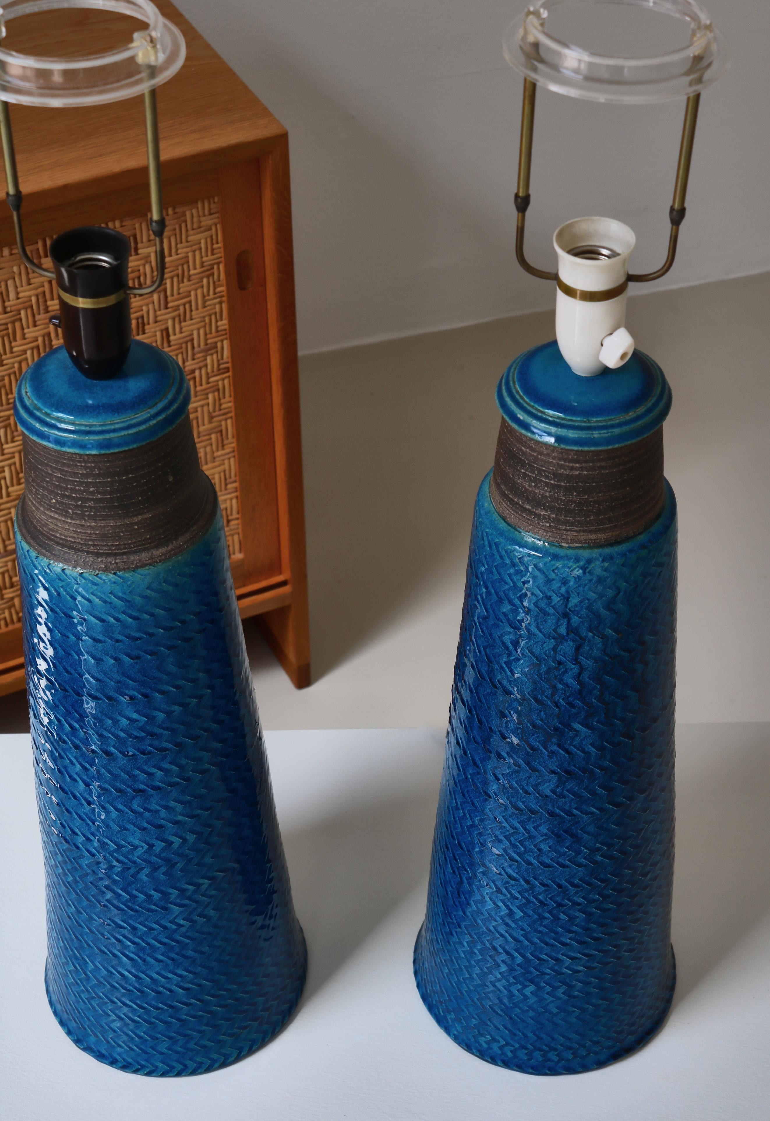 Tall Stoneware Table Lamps by Nils Kähler in Blue Glazing, Denmark, 1950s 5
