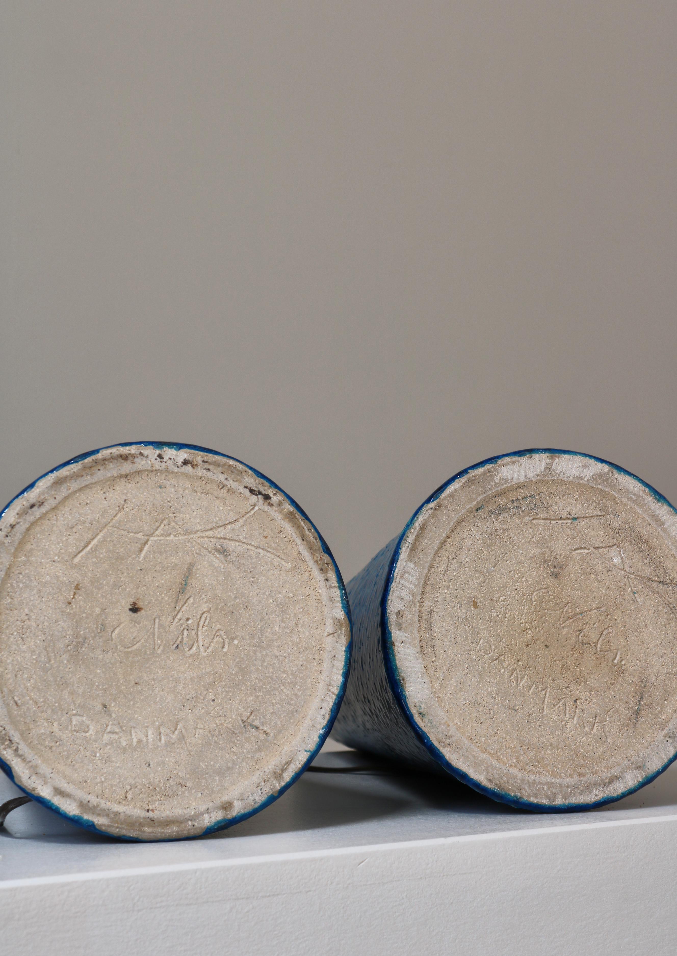 Tall Stoneware Table Lamps by Nils Kähler in Blue Glazing, Denmark, 1950s 6