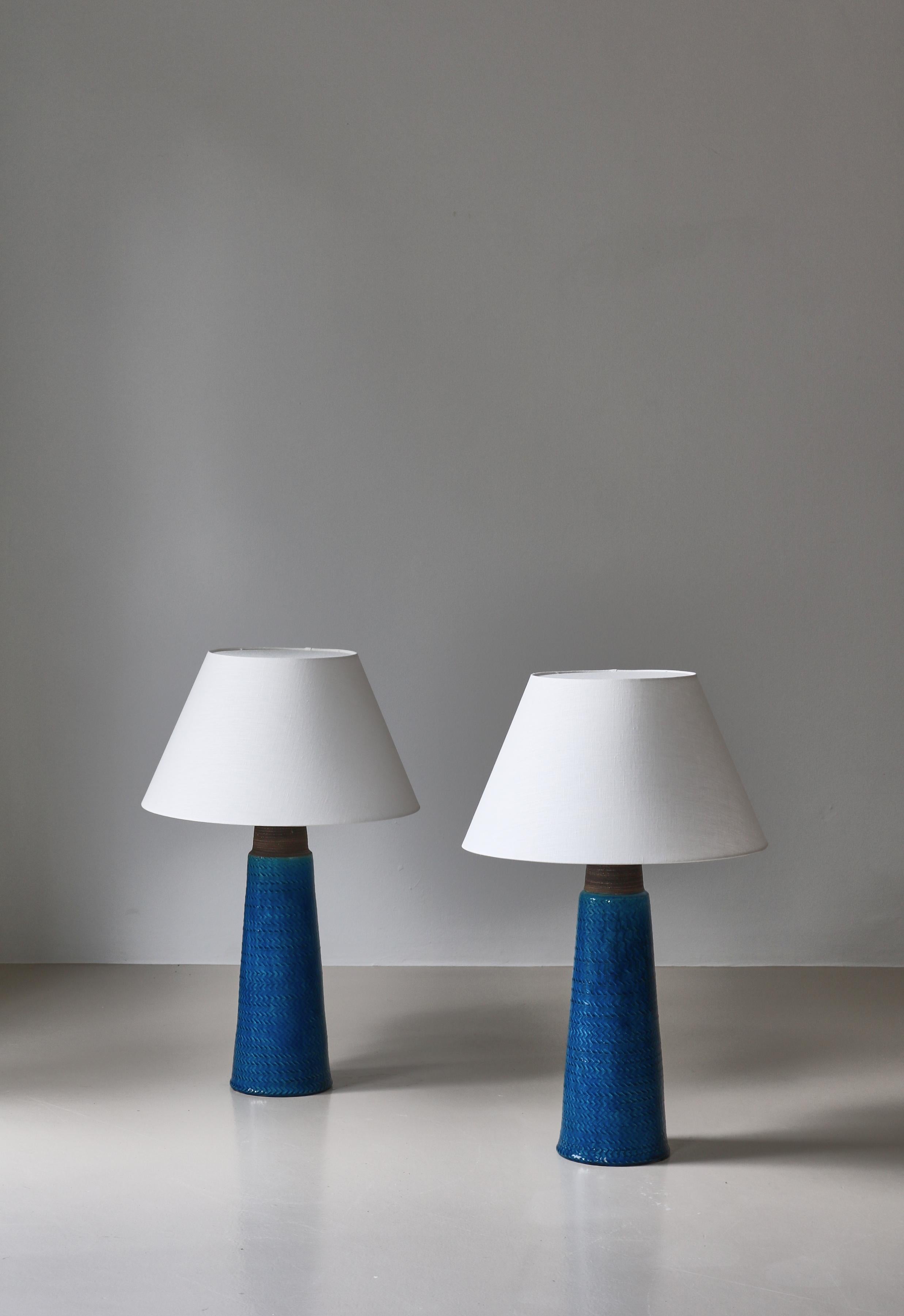 Scandinavian Modern Tall Stoneware Table Lamps by Nils Kähler in Blue Glazing, Denmark, 1950s